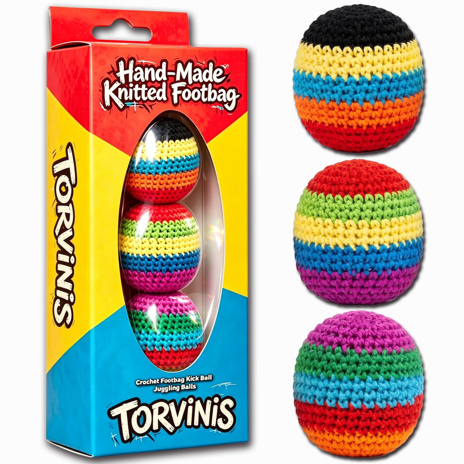 3 Packs Hand-Made Knitted Footbag Sacs, 2026 Upgraded Assorted Crochet Hack Foot bag Sacks, Sand-Filled Colorful Geometric Kick Ball Bags, Soft Hack Footbag Sac Training Juggling Balls for Adults