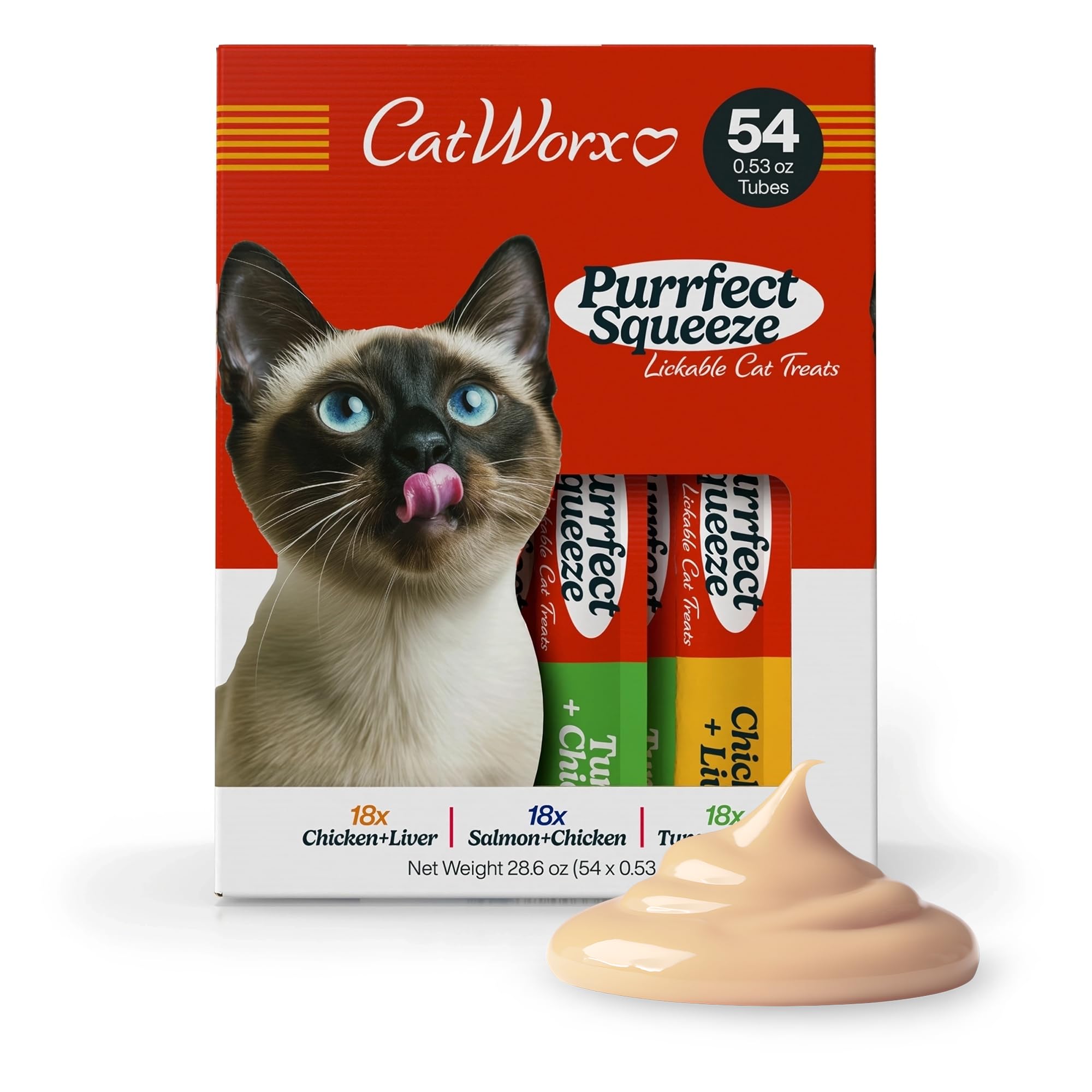 Catworx by Chewmasters Purrfect Squeeze Lickable Soft Cat Treats, 54 Pack - Creamy Purée Squeeze Tubes for Kittens and Adult Cats - Hand Feeding Snack or Food Topper - Training Reward, 0.53 Ounce