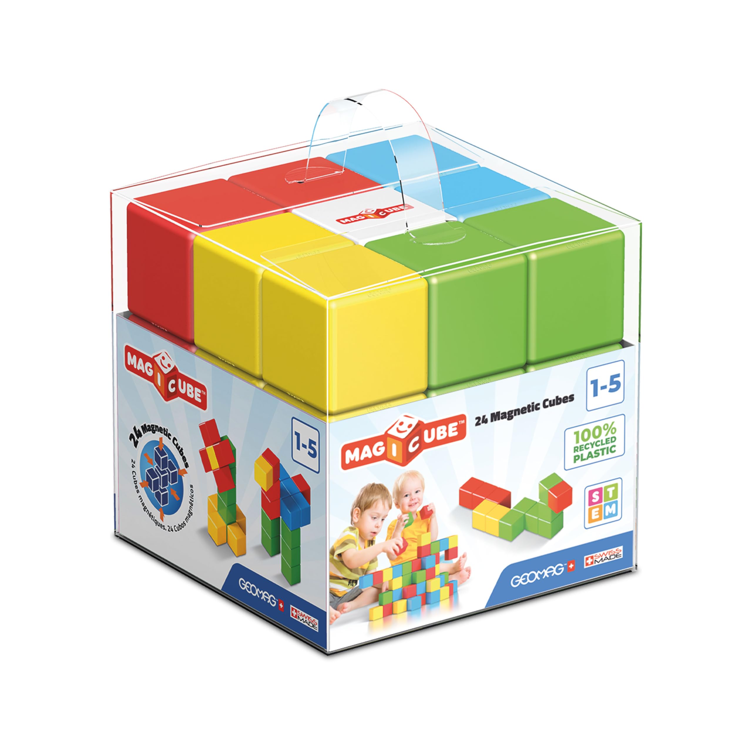 Geomag Premium Swiss-Made MagiCube 24-Piece Magnetic Stacking Cubes Building Set, Toddlers and Kids Ages 1-5, STEM Educational Toy, Creativity, Imagination, Early Learning Fun, Crystal Packaging