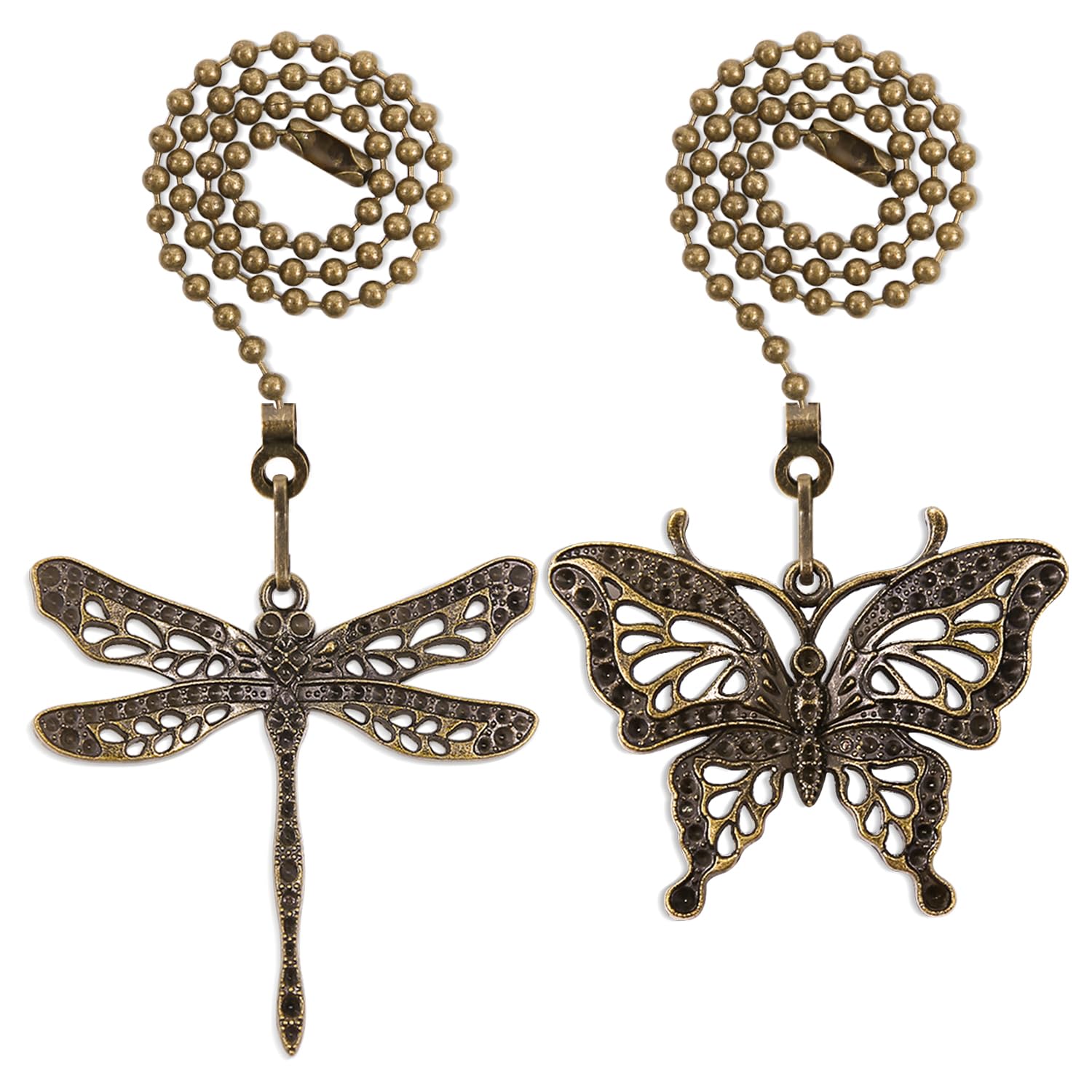 2Pack Dragonfly and Butterfly Ceiling Fan Pull Chain, 14inch 3mm Beaded Light Core Extender Pendant Ornaments Extension Decoration with Connector, Bronze
