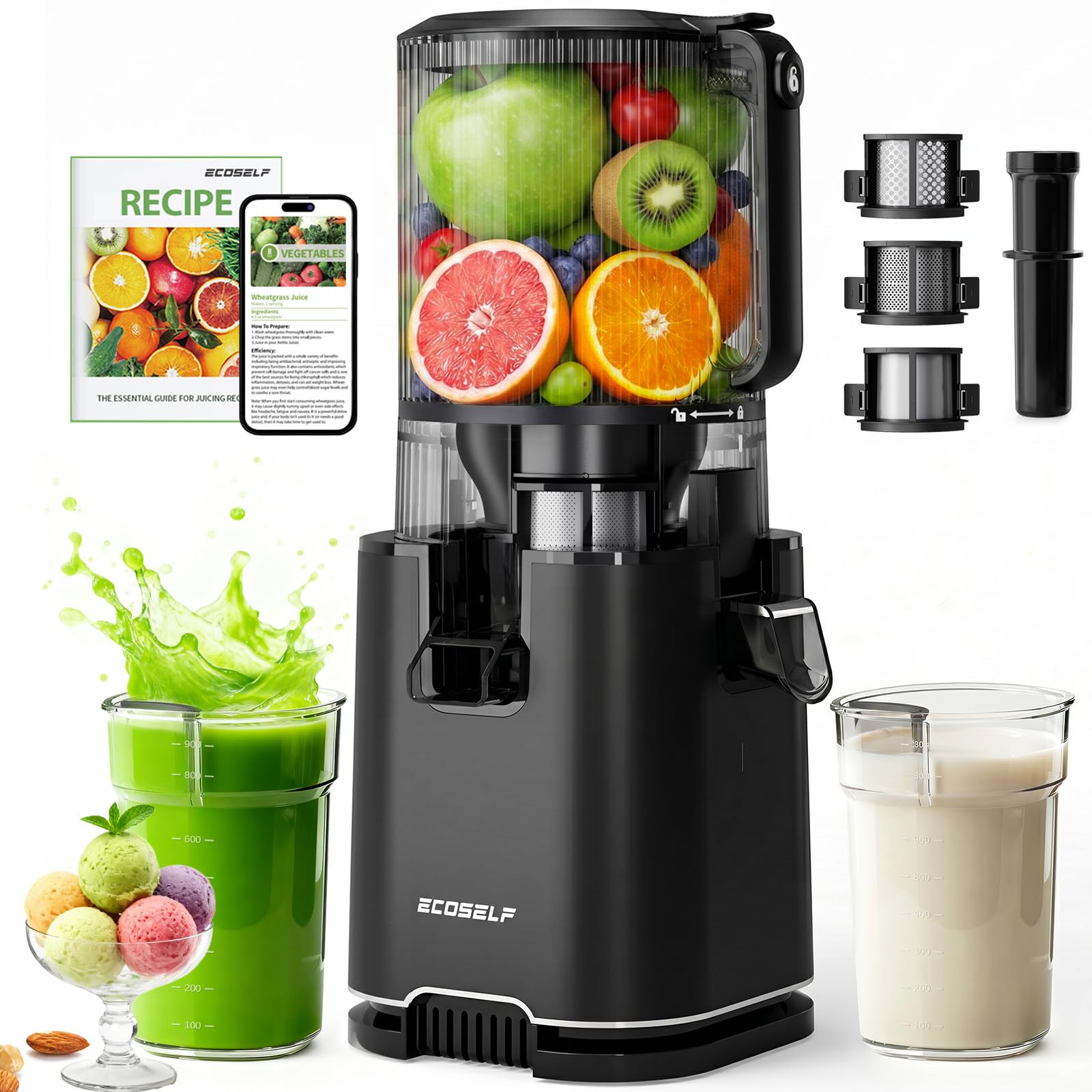 ECOSELF 3-in-1 Juicer with 3 Filters (For Juice, Sorbet & Nut Milk), With 6.0" Wide Extra-Large Hopper For Fruits & Vegetables, Slow Masticating Juicer with Large Capacity, Quiet Motor (With Pusher)