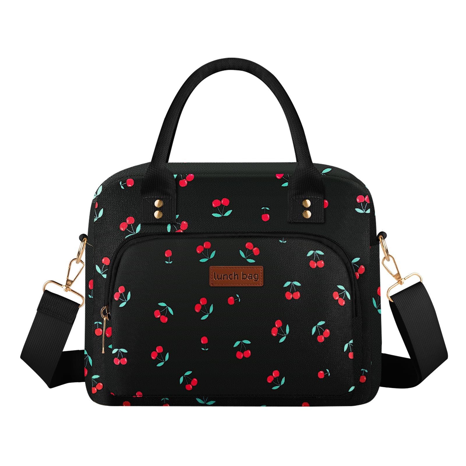 Lunch Bag Large Insulated Lunch Box for Women Men Adult Cute Cherry Lunchbox Lunch Bags Boxes Pail with Shoulder Strap for Work Mom Picnic Office Travel 11.4×6.8×9.1 inches 11.5L Black