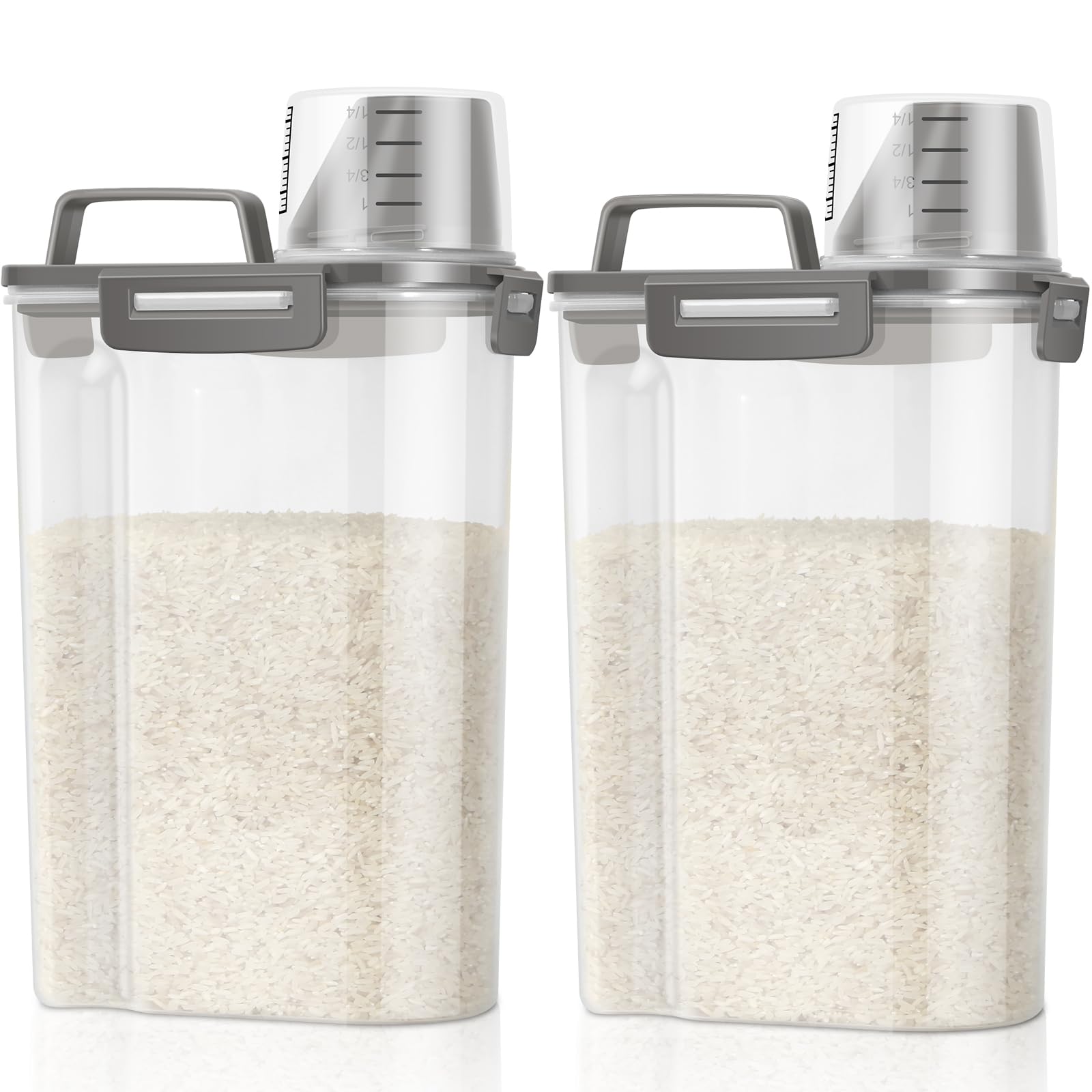 Rice Container Cereal Storage Container 2 Pack 5 Lbs, Kitchen Pantry Dry Food Storage Holder with Easy-Pouring Spout & Handy Cup, Small Pet Dog Cat Food Dispenser for Daily Feeding -Grey