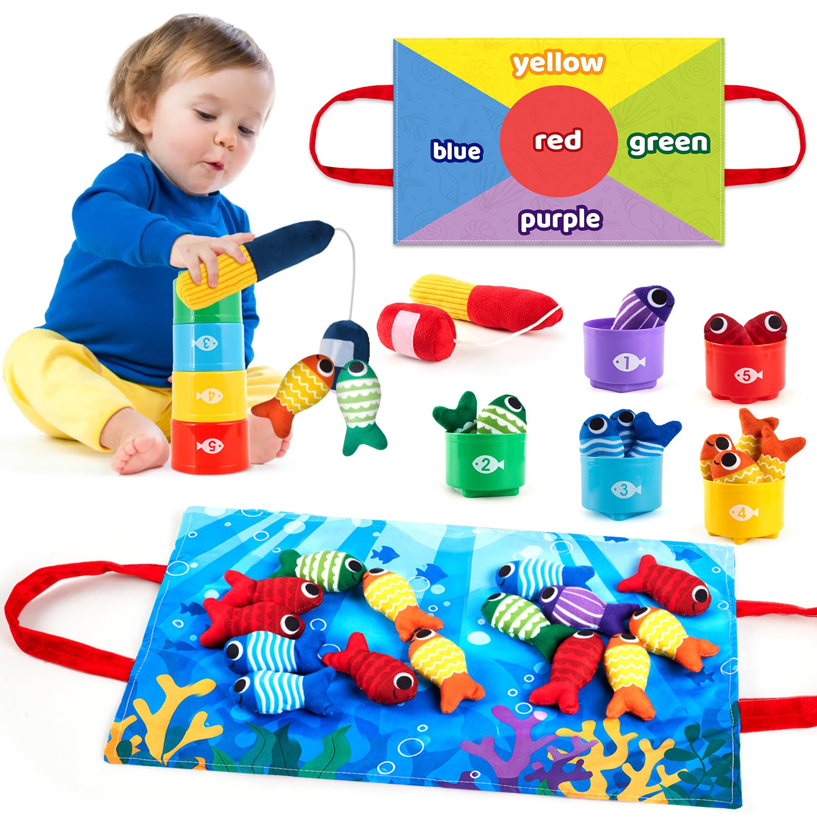 Toddler Montessori Toys for 1-3 Year Old Boy Girl, 23 Pcs Cloth Fishing Game Set with Double-Sided Mat, Learning Toys for Number & Color Sorting, Birthday Gifts for Babies & Toddlers