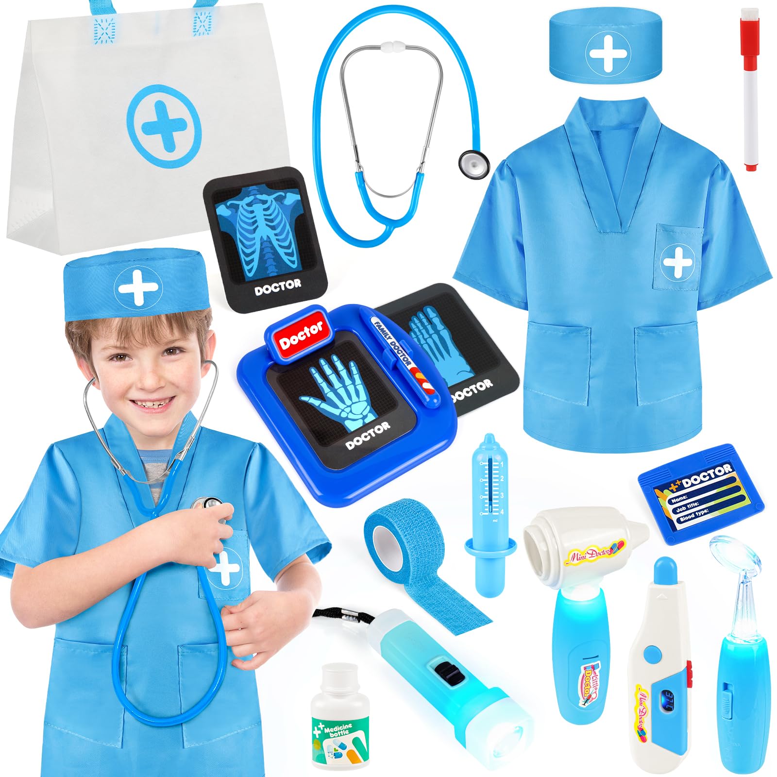 IVENRXIU Doctor Kit for Kids, 17 Pcs Medical Play Set with Bag and Dress Up Costume for Toddlers 3-5, Pretend Play Toys for Kids Boys and Girls, Halloween Christmas Birthday Gifts