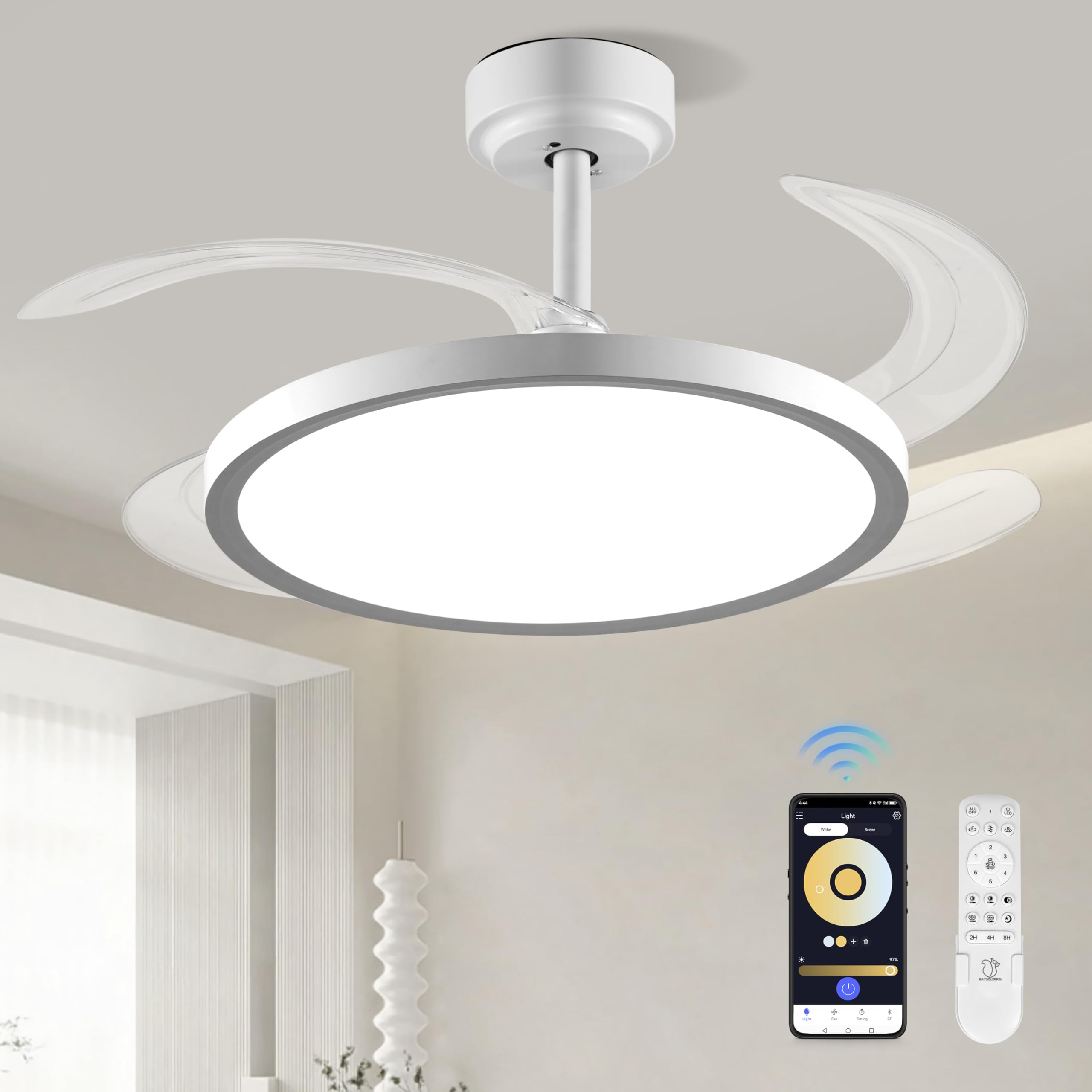 BAYSQUIRREL Slim Retractable Ceiling Fan with Lights and Remote/APP Control, 6 Speed Dimmable Reversible Memory, 42 Inch Modern Silent Smart Fan for Bedroom Living Room Dinning Room