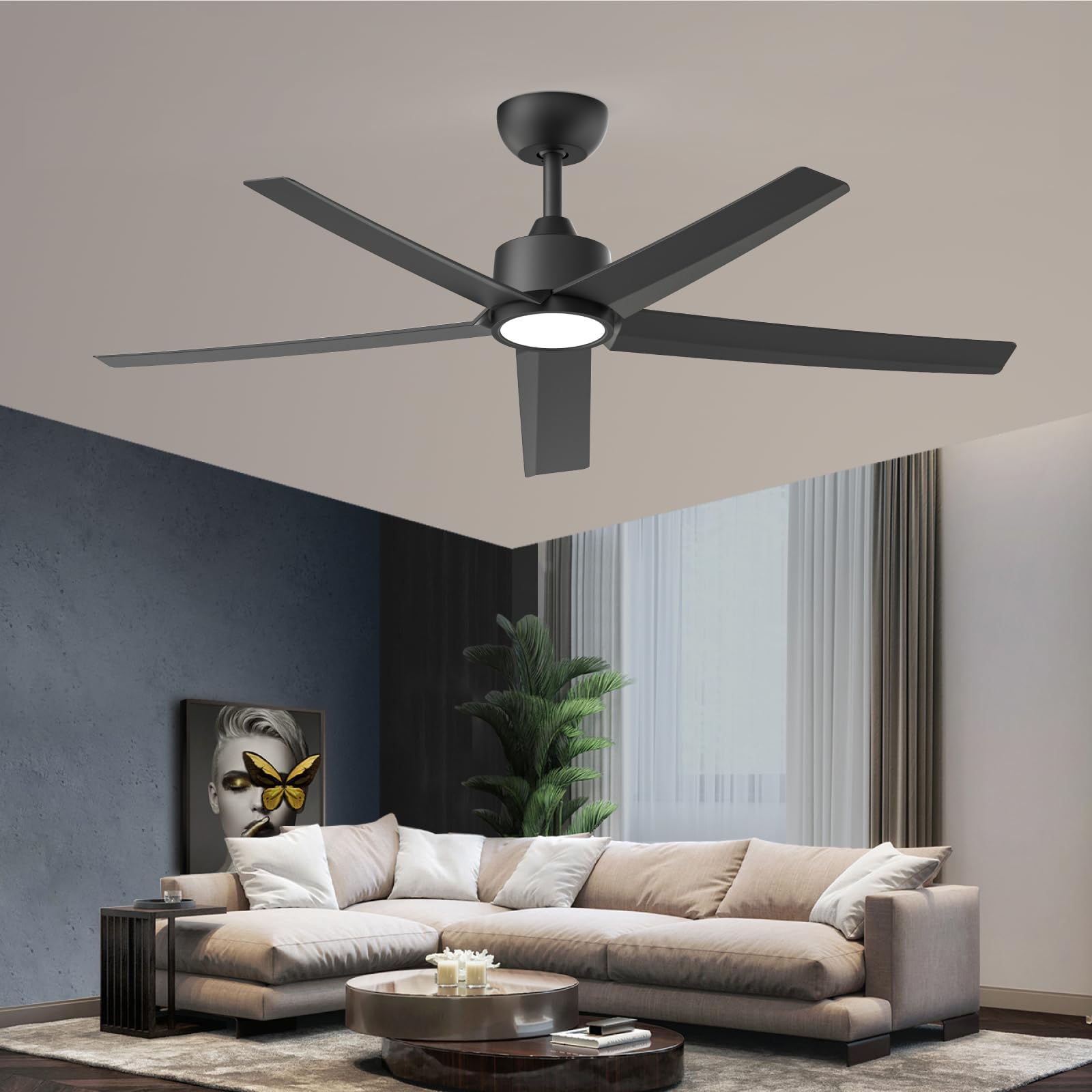 ocioc Ceiling Fans with Lights and Remote, 52 inch Black Ceiling Fan with Light, Dimmable, Quiet Reversible DC Motor, 5 Blades Modern Ceiling Fan for Bedroom, Living Room, Farmhouse