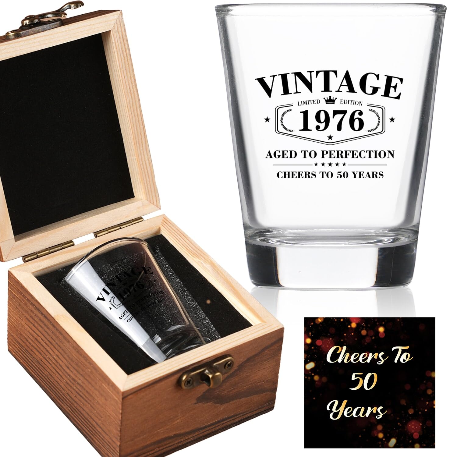 50th Birthday Gifts for Him Her – Limited Edition Vintage 1976 Shot Glass with Wooden Box – Cheers To 50 Years Old, Cool 50th Birthday Party Decoration – Turning 50 Bday Gift for Men, Brother, Friend