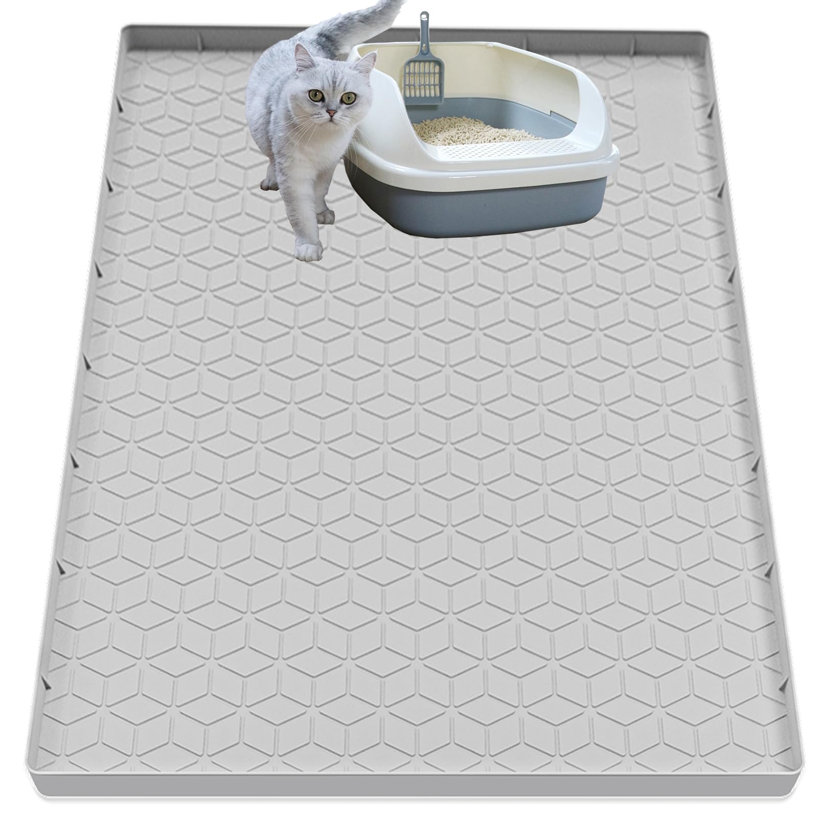 Cat Litter Mat for Litter Box, Silicone Large Cat Litter Trapping Mat - 40x28 in, Waterproof & Non-Slip, Durable & Easy Clean, Light Gray