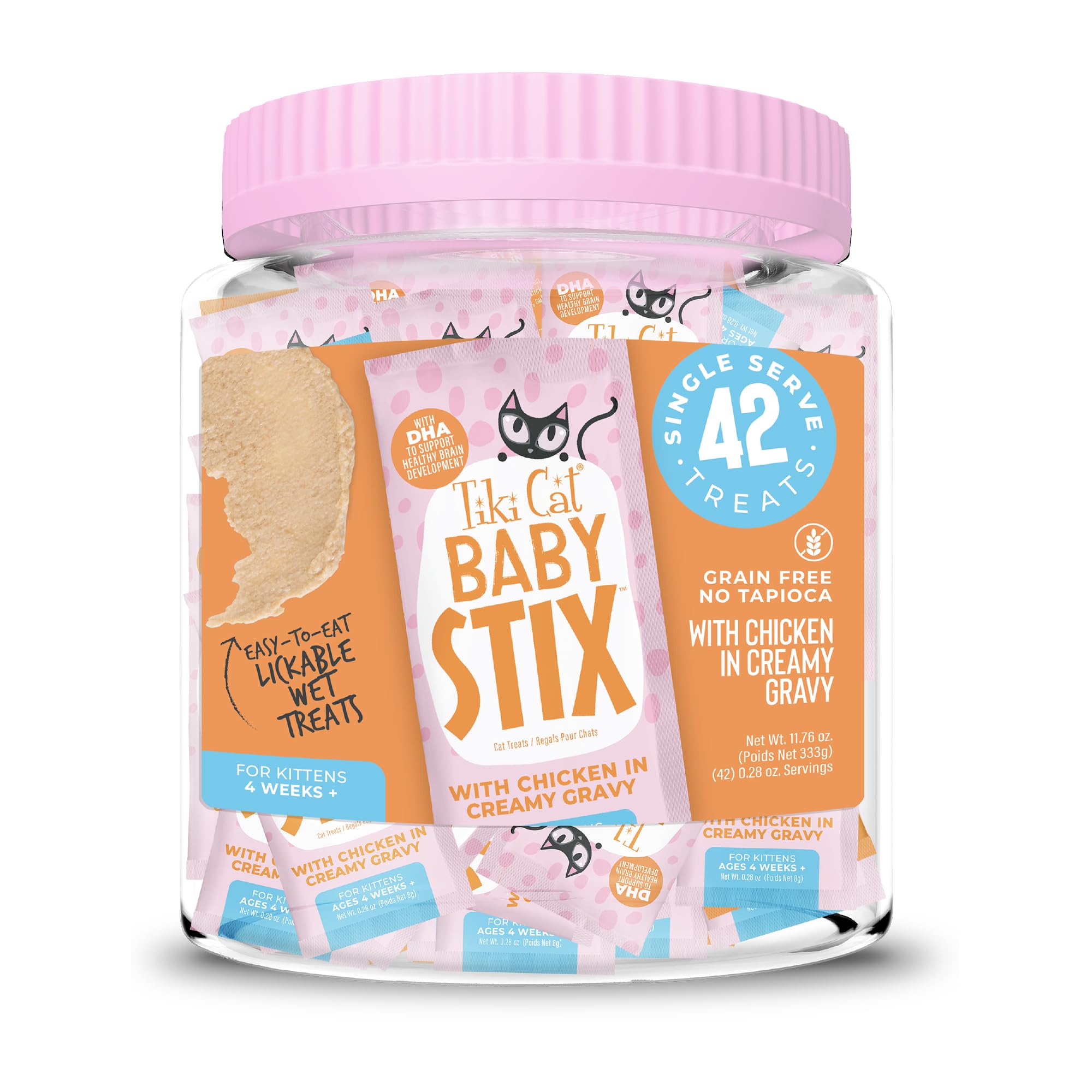 Tiki Cat Baby Stix Wet Cat Treats, Chicken in Creamy Gravy, 0.28 oz. Sachets (42 Count Jar)