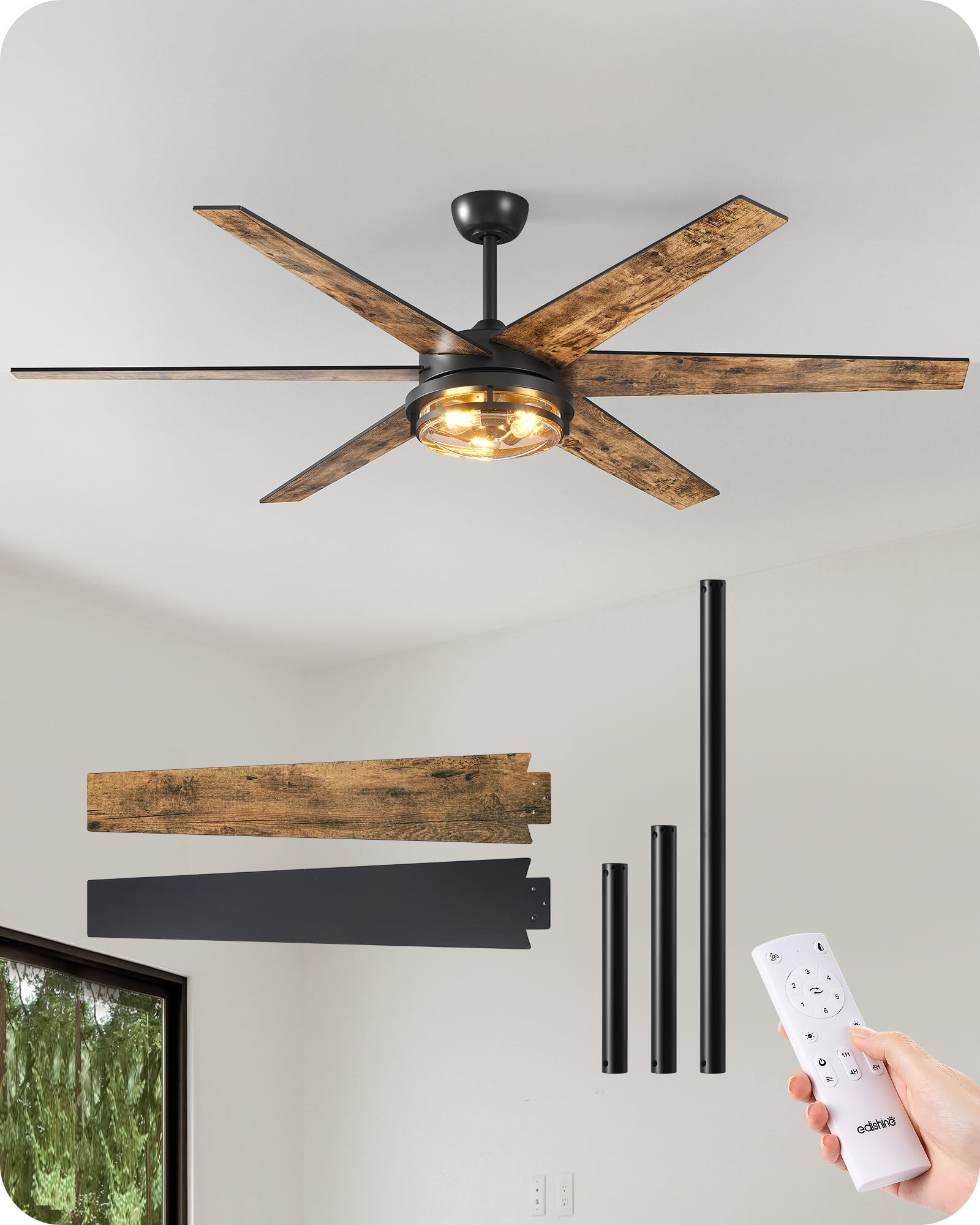 EDISHINE 70" Large Farmhouse Ceiling Fans with Lights and Remote,10%-100% Dimmable, Wood Blades, 8000CFM Indoor Black Ceiling Fan for Living Room Patio Office, 6 Speed Reversible Quiet DC Motor