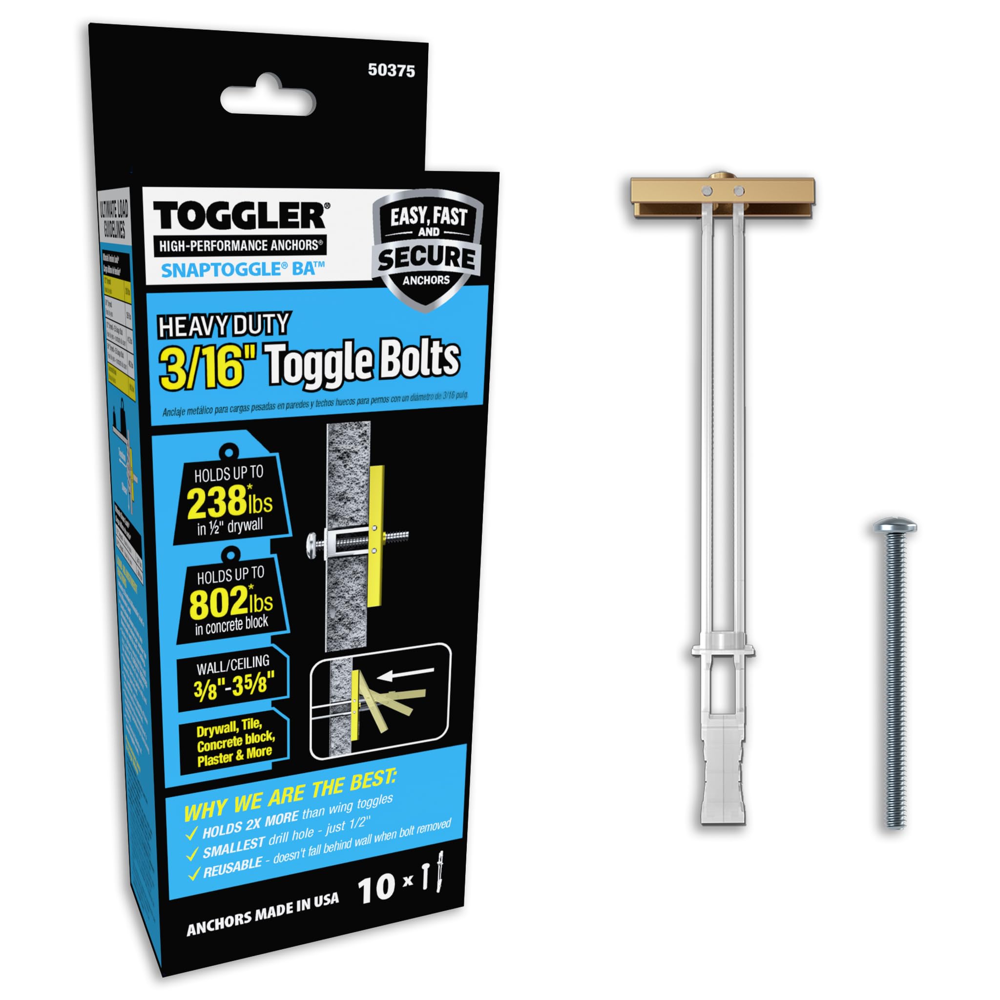 TOGGLER SNAPTOGGLE BA Toggle Anchor with Bolts, Zinc-Plated Steel Channel, Made in US, 3/8" to 3-5/8" Grip Range, For 3/16"-24 UNC Fastener Size (Pack of 10)