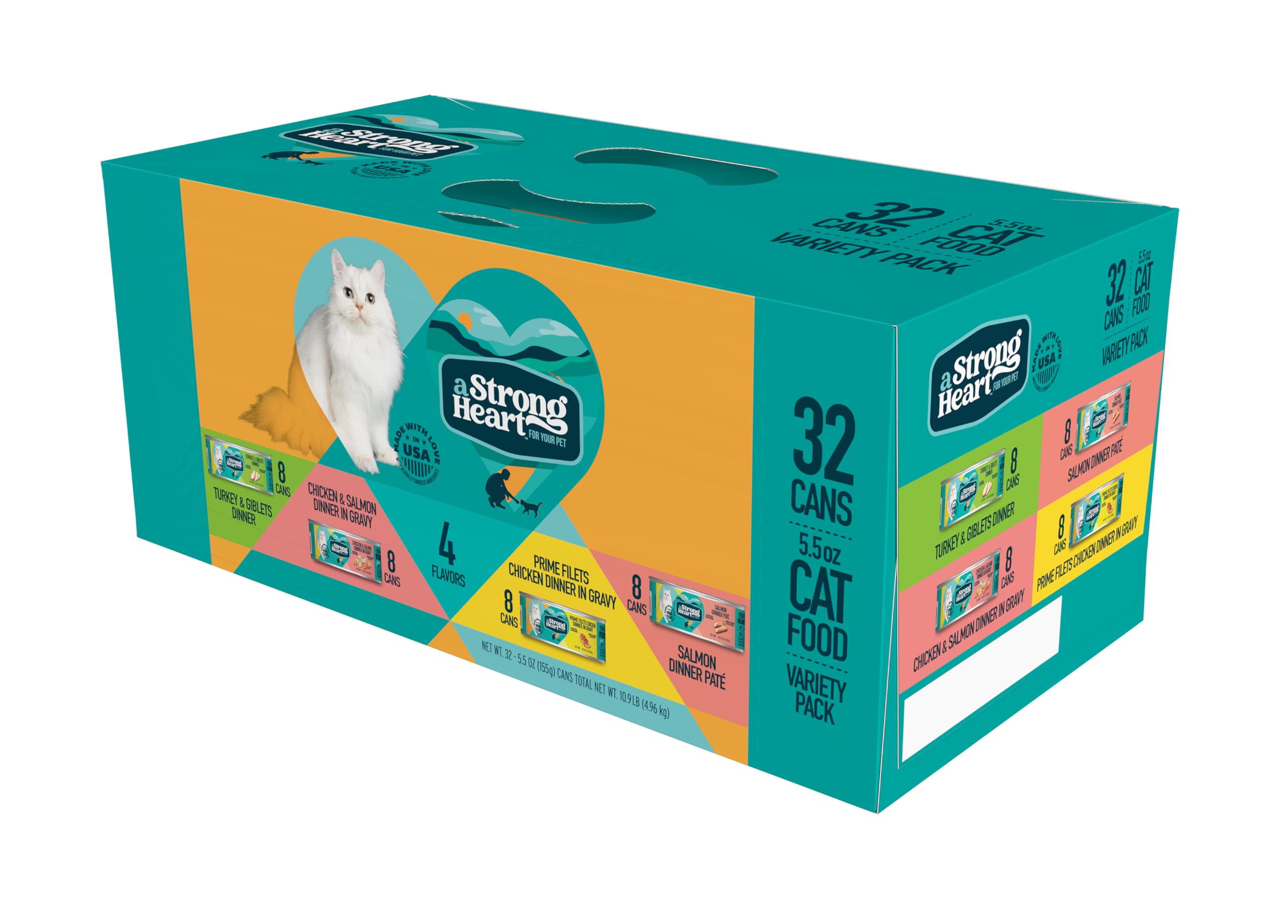 A Strong Heart Canned Wet Cat Food, Dinner Variety Pack - 5.5 oz Cans (Pack of 32), Made in The USA with Real Chicken, Turkey & Salmon