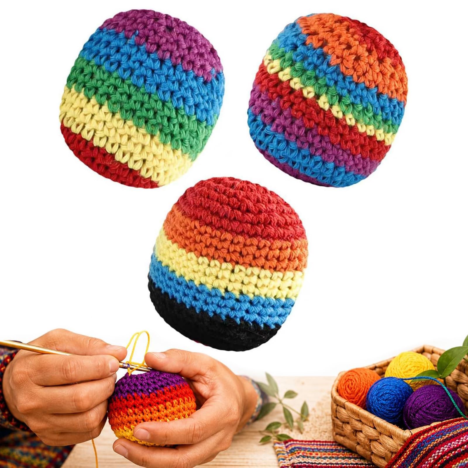 Hand-Made Knitted Footbag Set of 3/6/12, 2026 Upgraded Sand Filled Crochet Kick Sack Bag for Adults, Multicolored Geometric Juggling Balls for Kids & Beginners (3 Pcs)