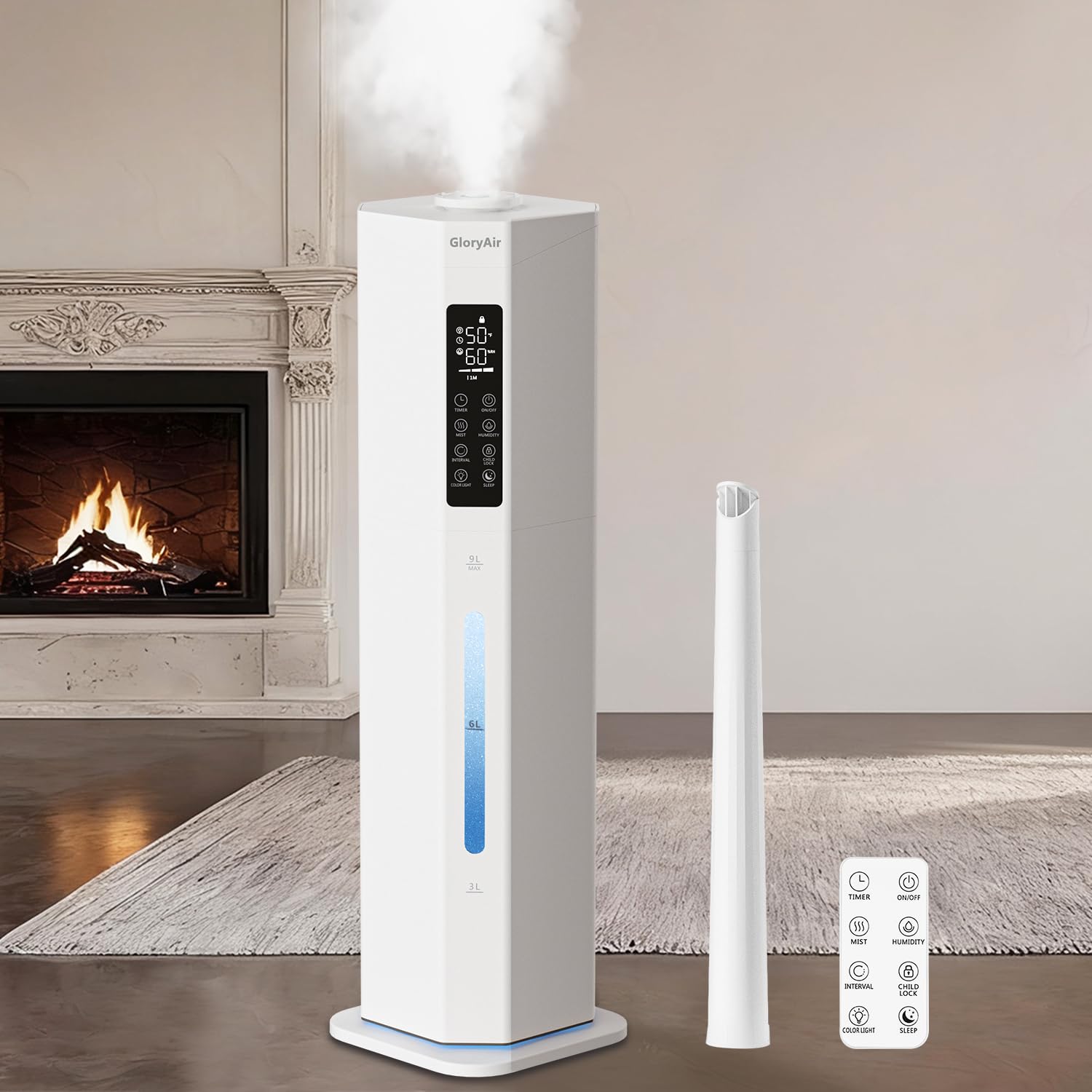 Humidifiers for Bedroom - GloryAir 2.38Gal/9L Top Fill Cool Mist Humidifier for Large Room 500ft² 120H Last with Auto Mode 7-Color Light Humidistat Aroma Box Quiet Humidifiers for Plants Baby & Adults