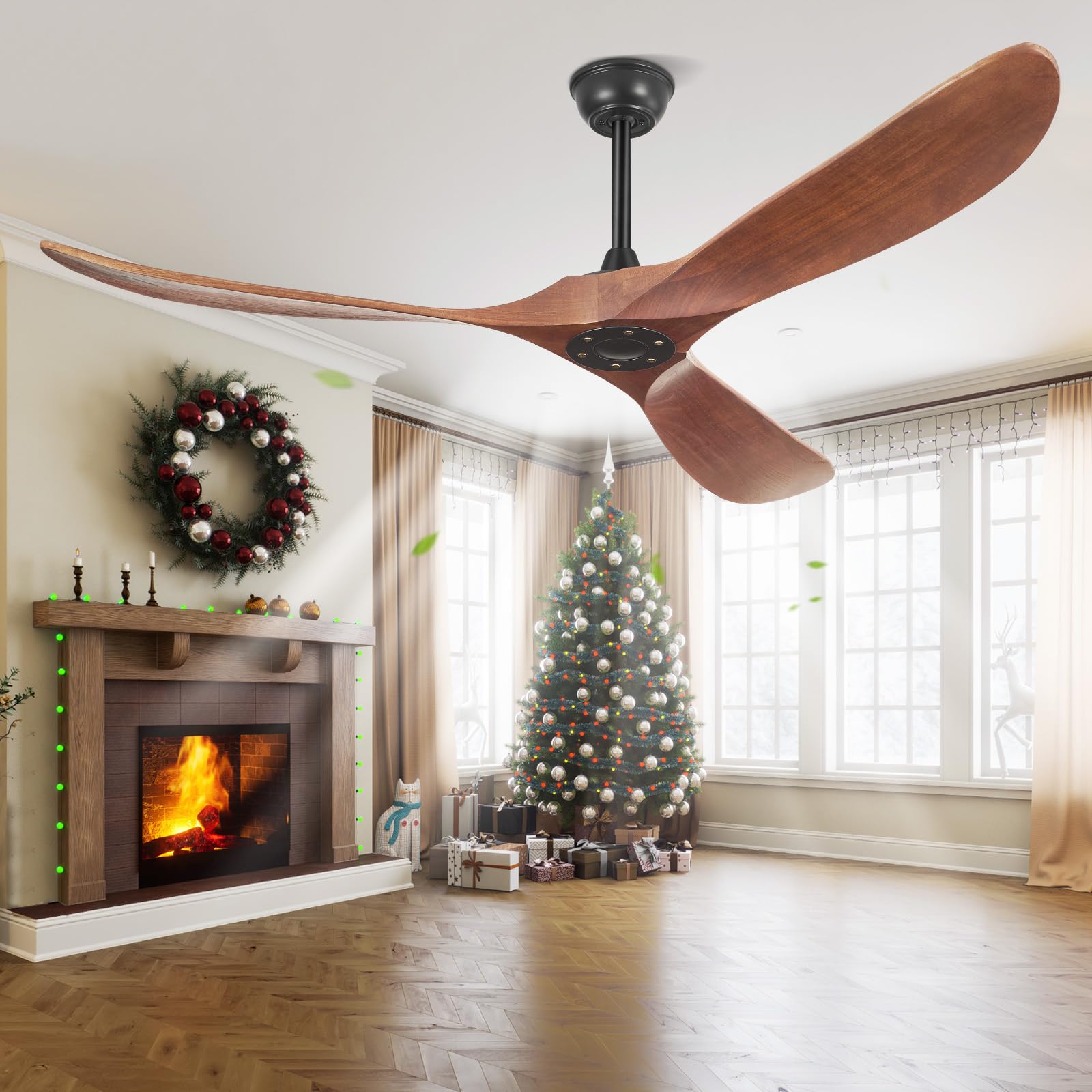 52 Inch Ceiling Fans Without Lights, Indoor/Outdoor Ceiling Fan No Light, 3 Solid Wood Blades, 3 Downrods, Timer, Quiet DC Motor, 6 Speeds Modern Fans with Remote for Patios Bedroom, Dark Walnut