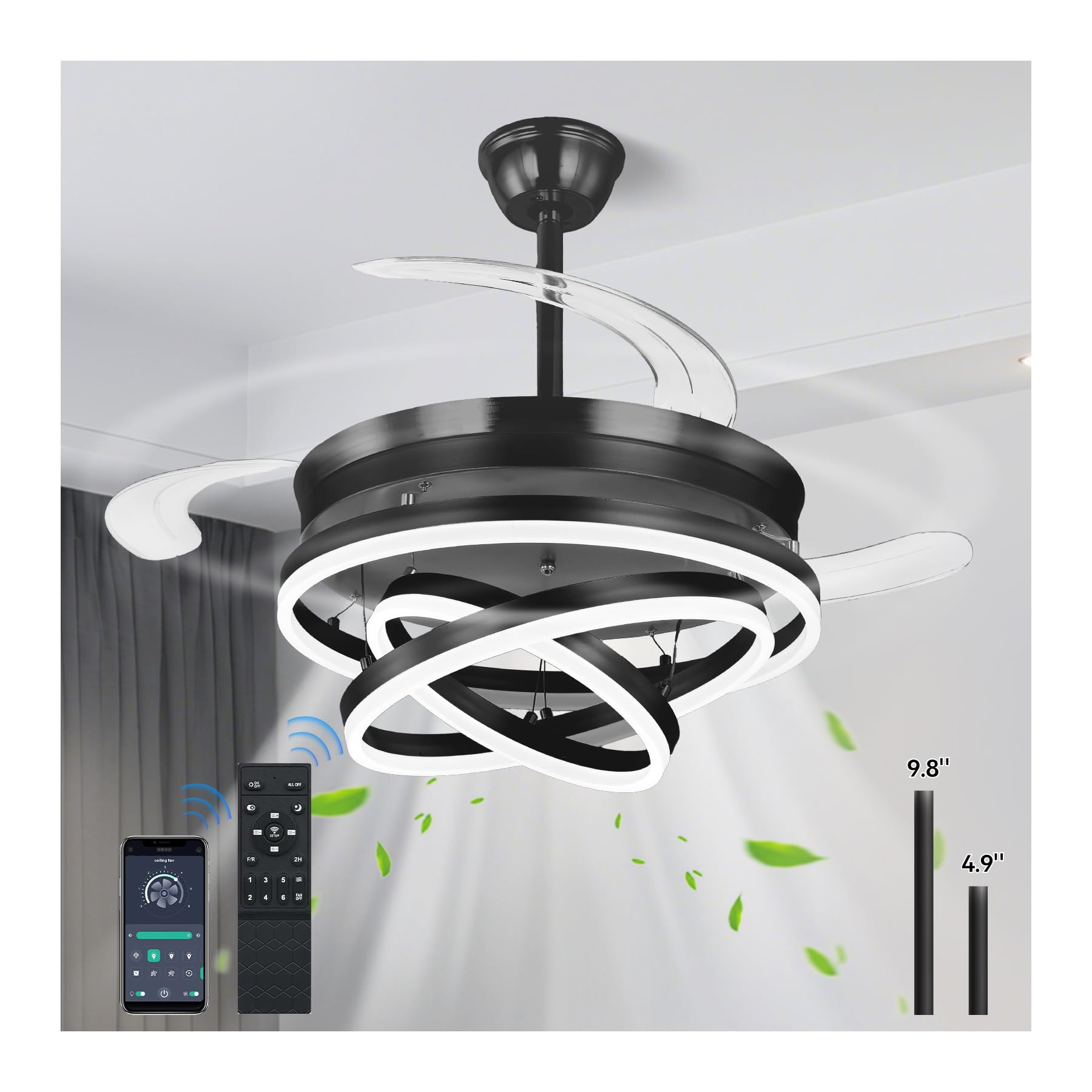 Retractable Ceiling Fans with Lights, 42" Fandelier Ceiling Fan with Light and Remote, Reversible, 3 CCT, Dimmable, Modern Chandelier Ceiling Fan for Bedroom, Living Room, Dining Room (Black)