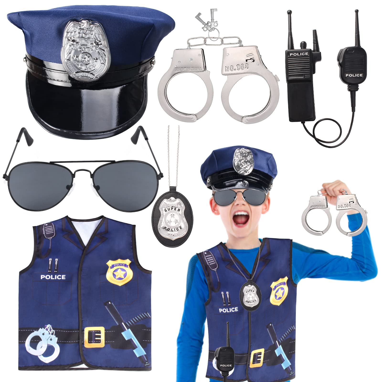Keymall Kids Police Officer Costume Set 6 Pcs Including Cop Hat Vest Sunglasses Badge Walkie Talkie for Pretend Play Dress Up