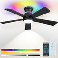 Surtime 46" Black Ceiling Fans with RGB Lights - Flush Mount Ceiling Fan Light with LED 3CCT Dimmable, Modern Low Profile Ceiling Fans for Indoor Party,Covered Outdoor