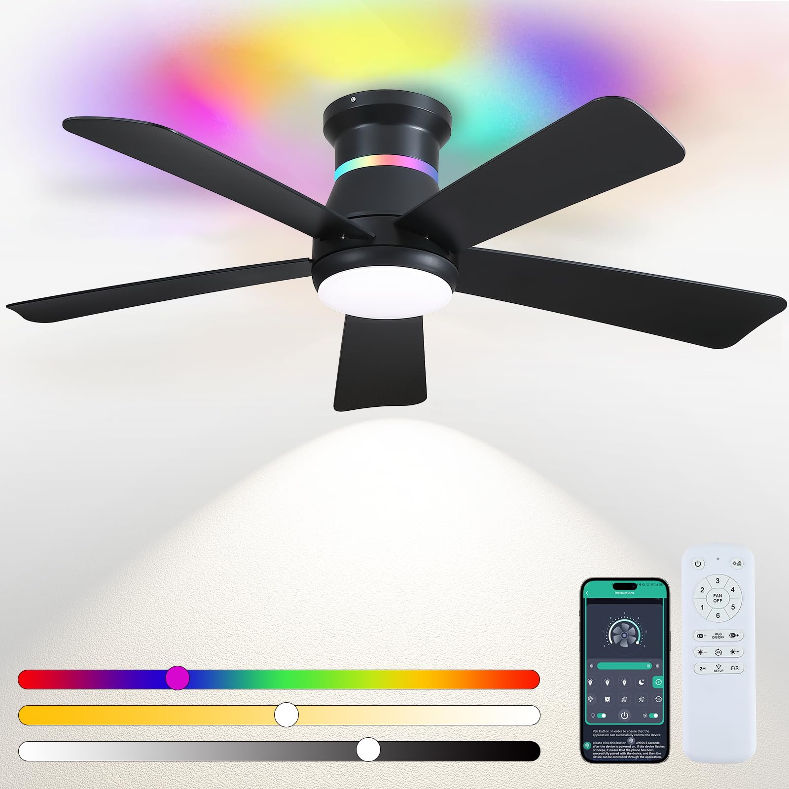 Surtime 46" Black Ceiling Fans with RGB Lights - Flush Mount Ceiling Fan Light with LED 3CCT Dimmable, Modern Low Profile Ceiling Fans for Indoor Party,Covered Outdoor