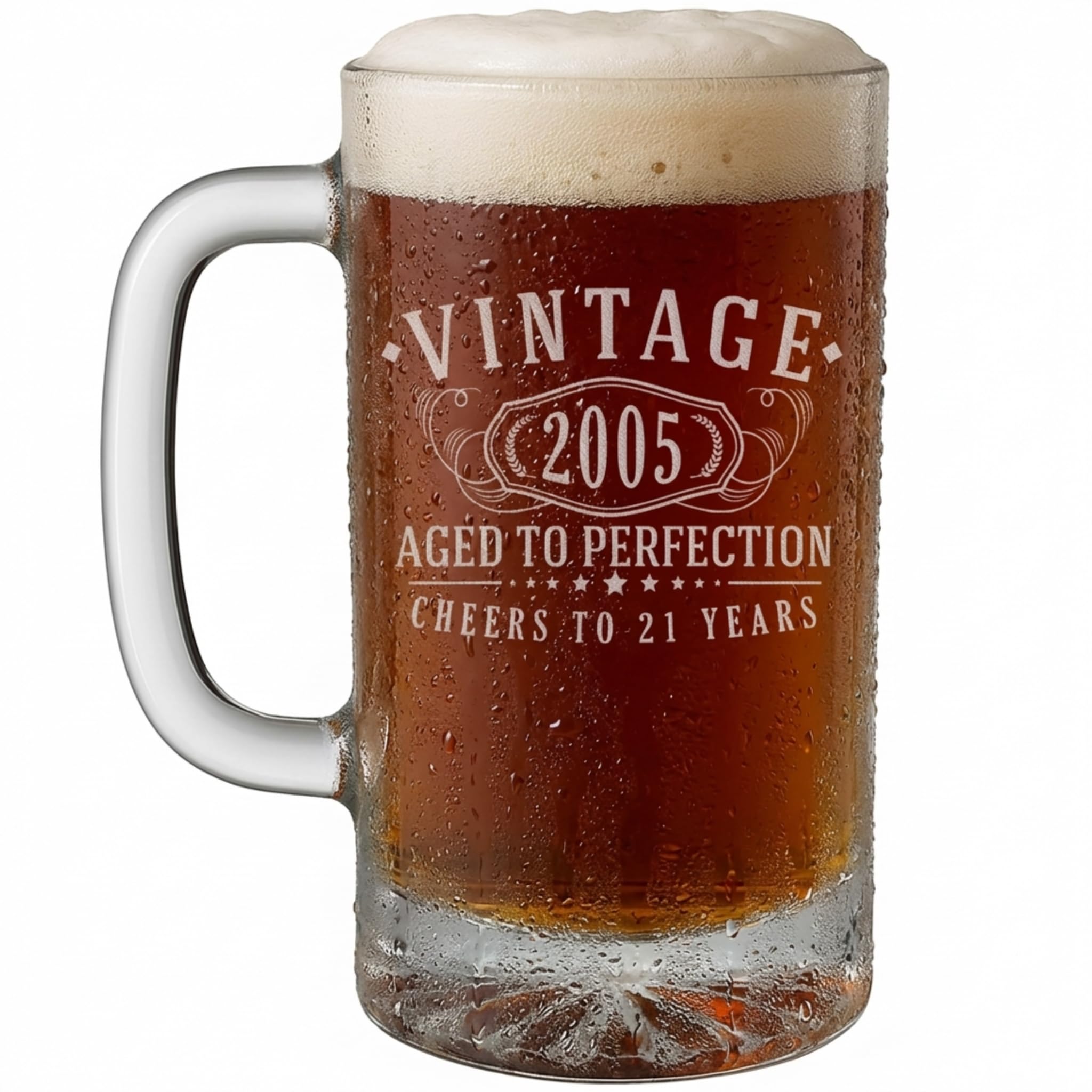 Vintage 2005 Etched 16oz Glass Beer Mug Stein – Happy 21st Birthday Gifts for Him, Decorations Men Women Guy, Turning 21 Year Old, Bday Party Favors Supplies, Finally 21 Best Gift Idea Son 1.0