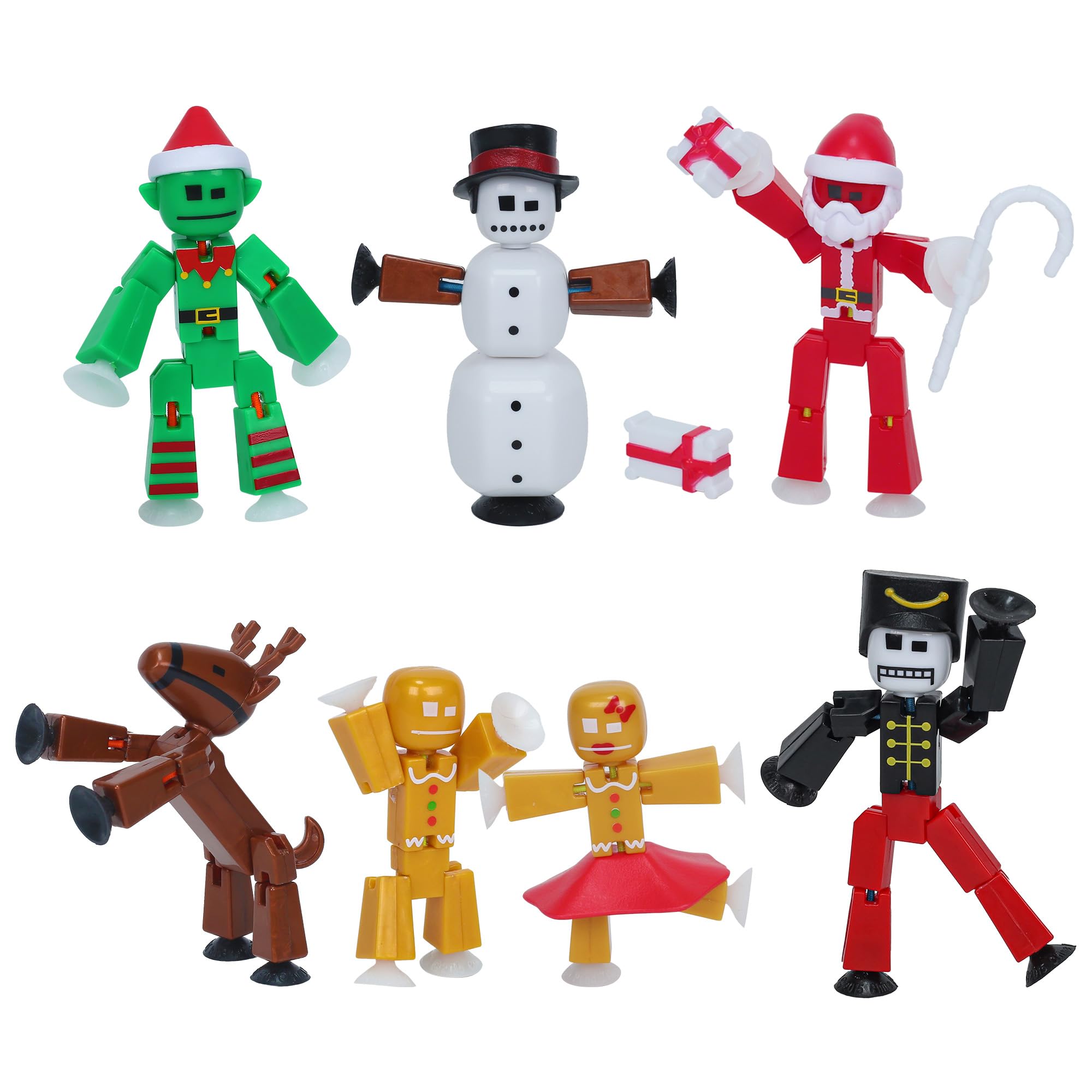 Zing StikBot Christmas Crew Pack – 7 Festive Themed Poseable Action Figures with Holiday Accessories, Stop Motion Animation Toy for Kids