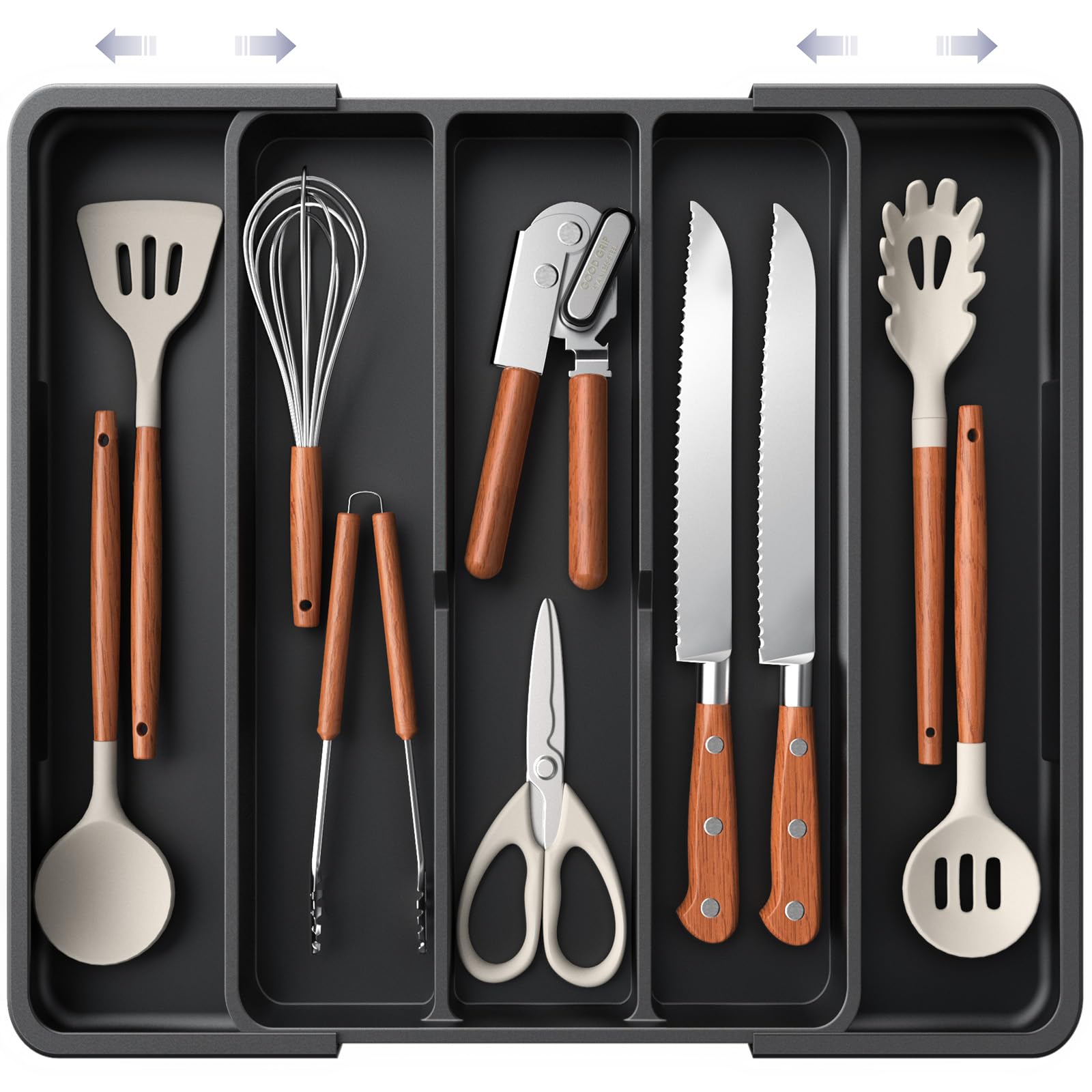 Aujen Silverware Organizer - Expandable Kitchen Drawer Organizer, Adjustable Utensil Organizer, Cutlery Tray for Forks, Knives, Multipurpose Kitchen Organizers and Storage Solution, Black, X-Large