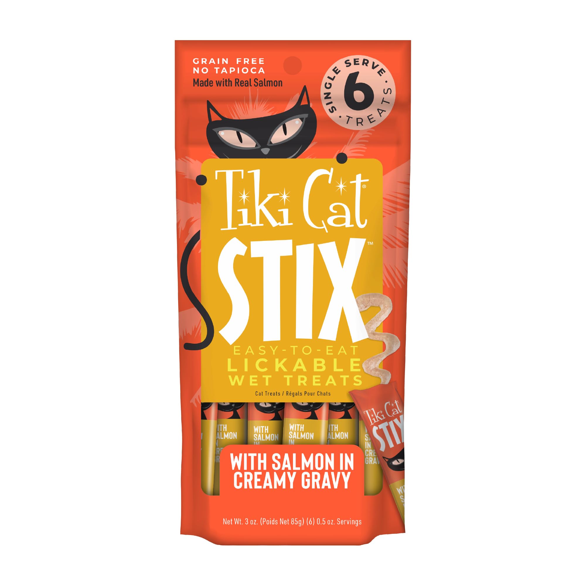 Tiki Cat Stix Mousse Treats, Single Serve Indulgent Lickable Treat or Dry Food Topper, with Salmon in Creamy Gravy, 3 oz. Pouch (Pack of 6)