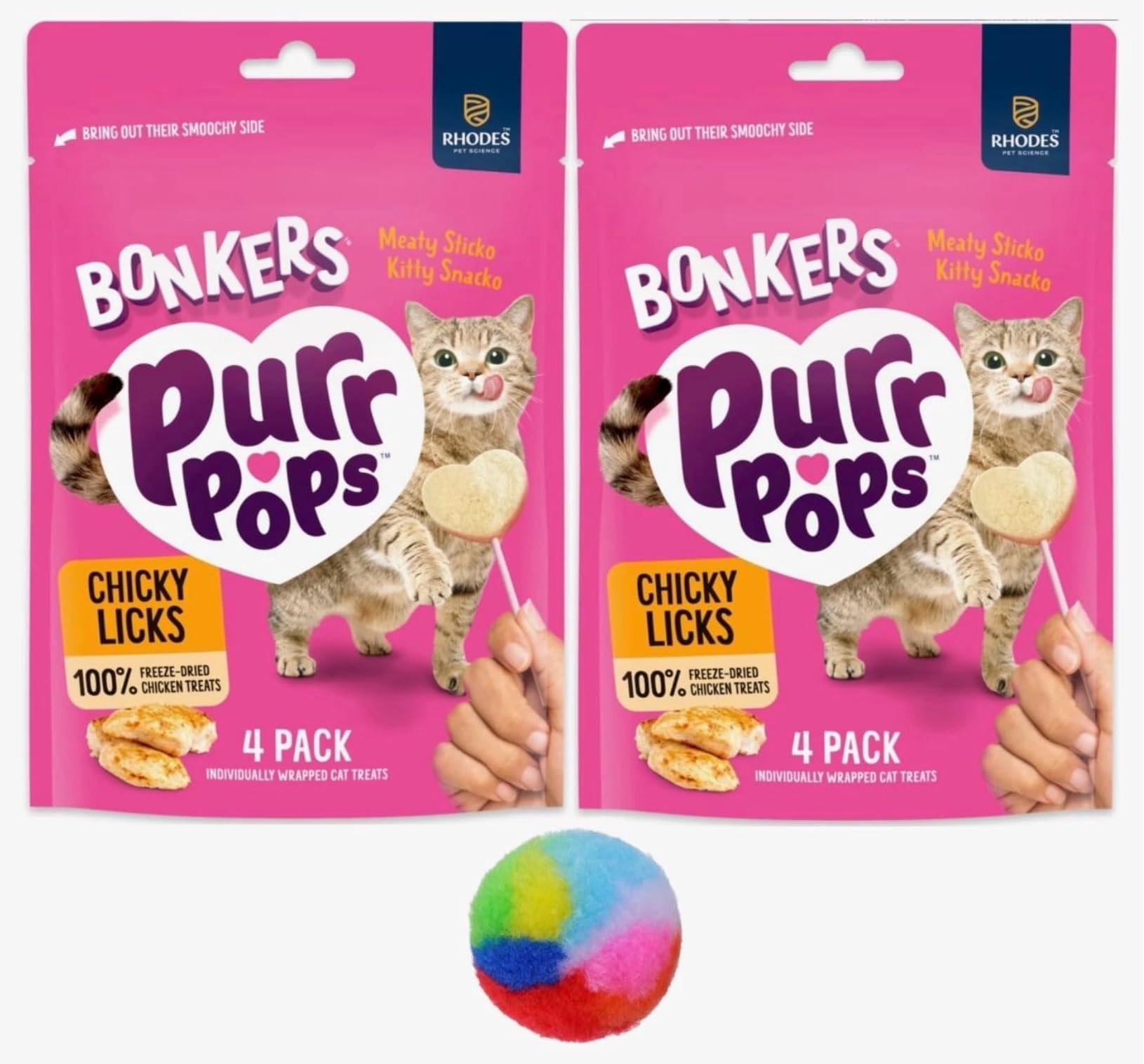 Bonkers Purrpops Chicky Licks Chicken Flavor Lollipop Freeze-Dried Cat Treats, 2 Packs with 1 Cat Pom Pom Balls Toy