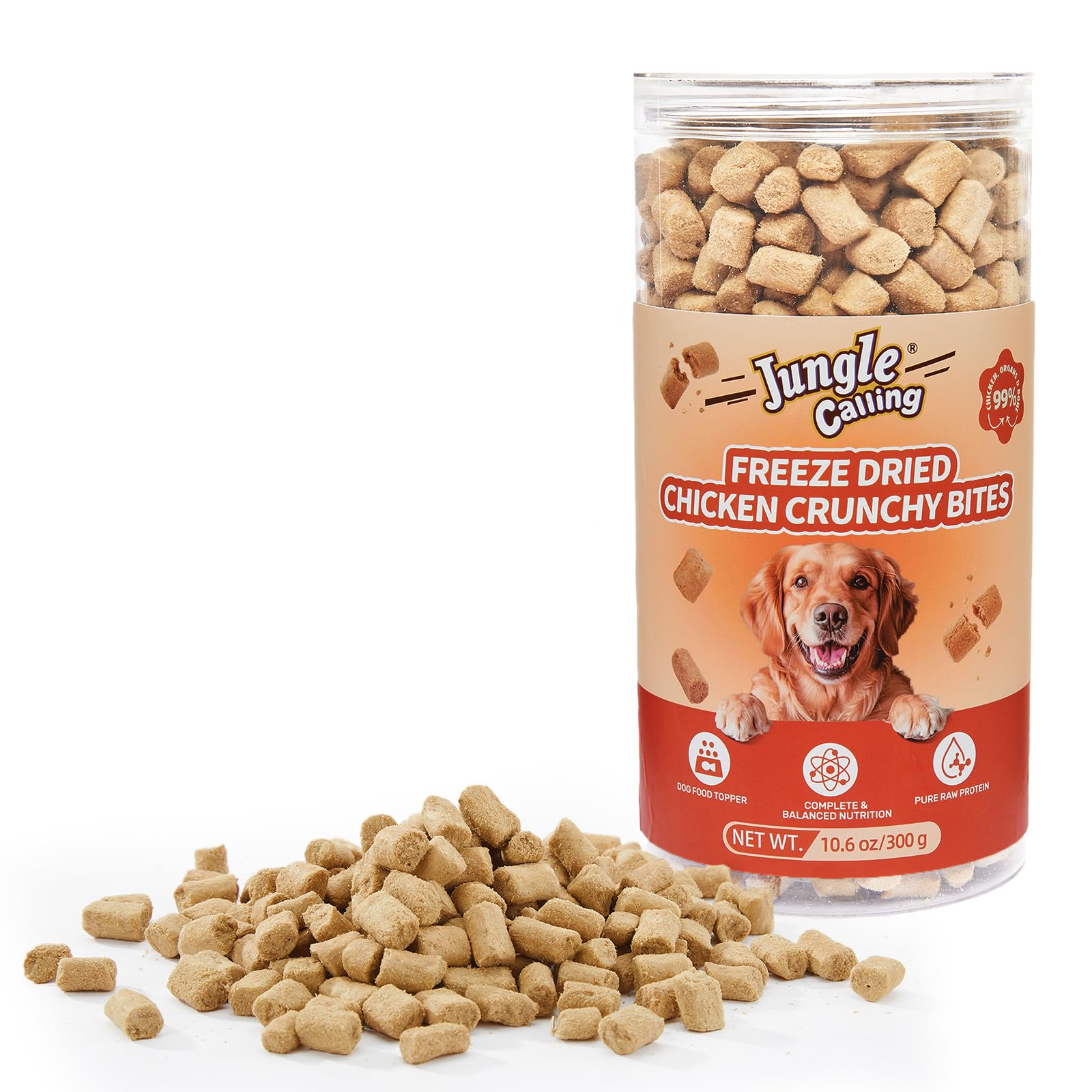 Jungle Calling Freeze Dried Raw Chicken Crunchy Bites Dog & Cat Treats, 99% Chicken, Organs & Bone, High Value Training Treats, Limited Ingredient Food Topper for Picky Eaters, 10.6 oz, 720 Pcs