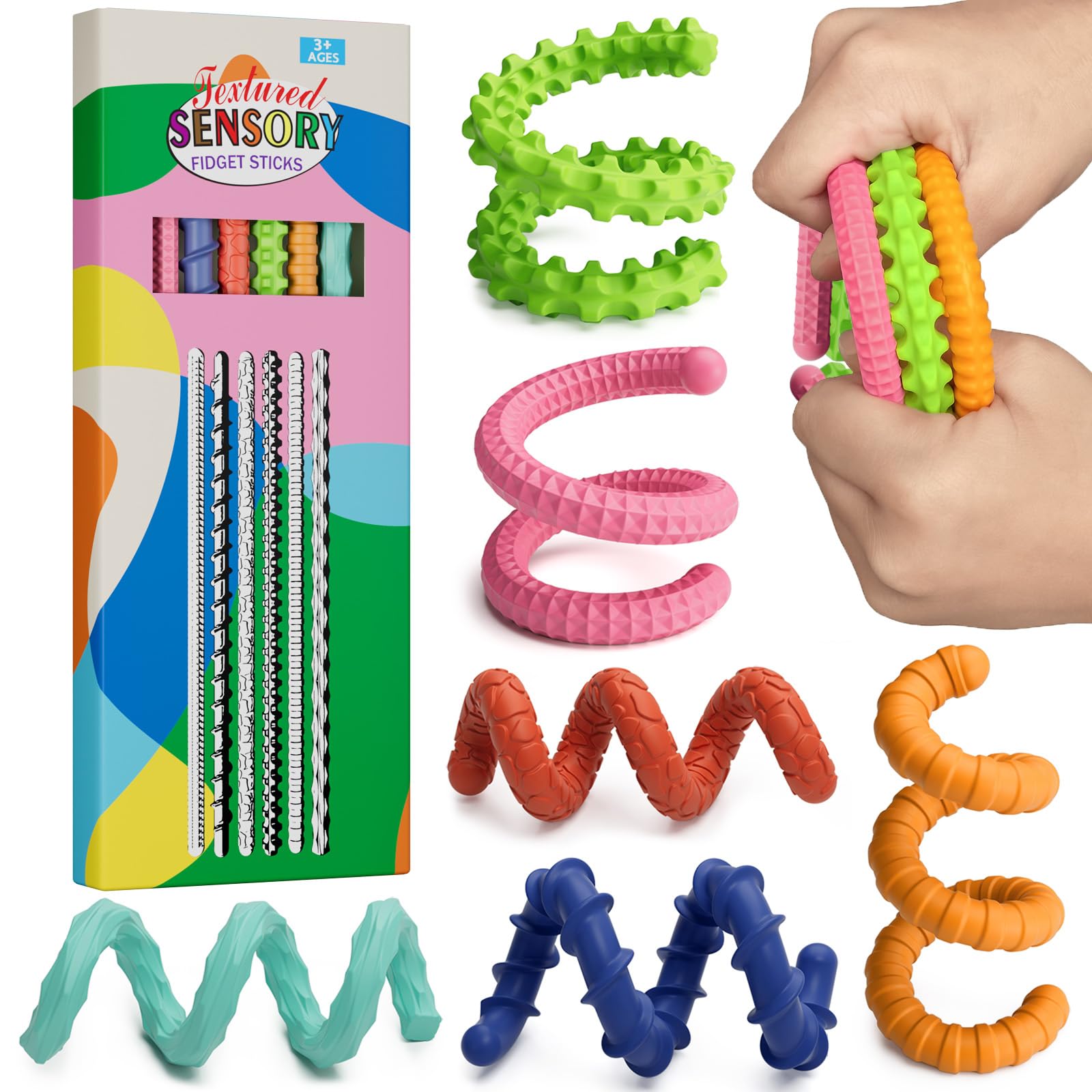 Sensory Fidget Toys for Kids Adults,6PCS Flexible Fidget Sticks for Stress Anxiety Autistic ADHD, Calm Down Travel Airplane Classroom Students Prizes Toys, Stocking Stuffers for Teens Boys Girls