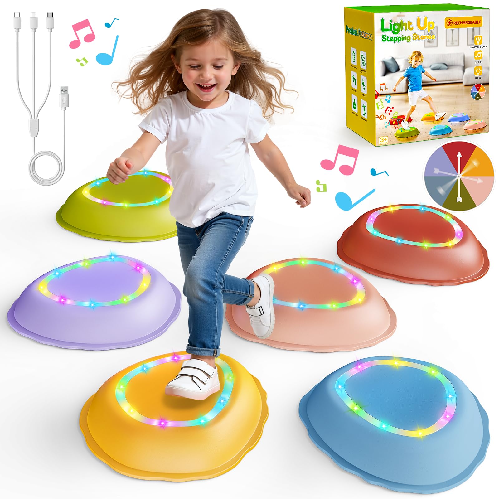 Rechargeable Stepping Stones for Kids, 6pcs Non-Slip Balance Sensory Toys for Toddler, Kids Music & Light Up Indoor and Outdoor Play Equipment, Birthday Gifts Toys for 2 3 4 5+ Year Old Kids
