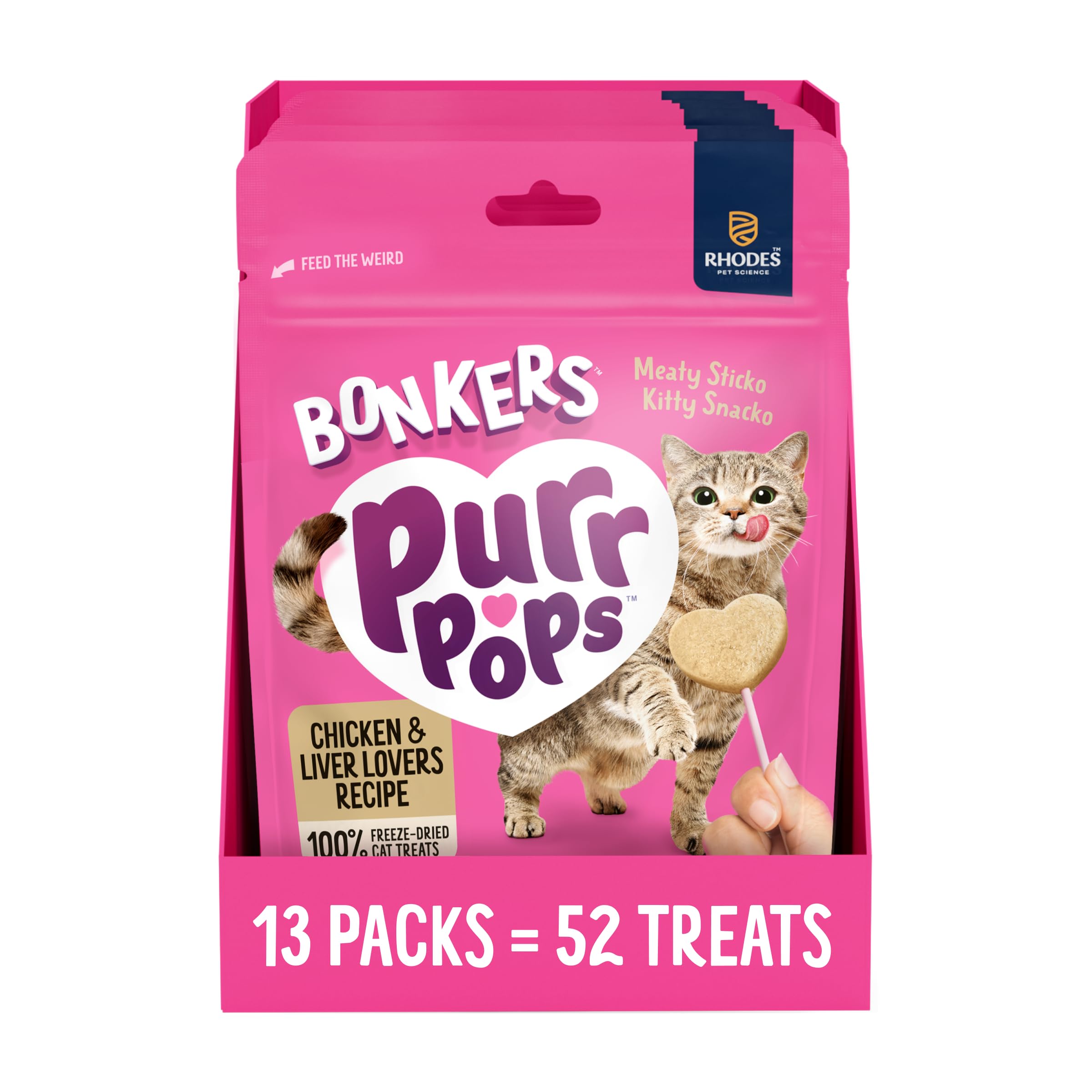 Bonkers Purrpops Freeze-Dried Chicken Liver Flavored Lollipop Treats for Cats, 4 Pieces (Pack of 13)