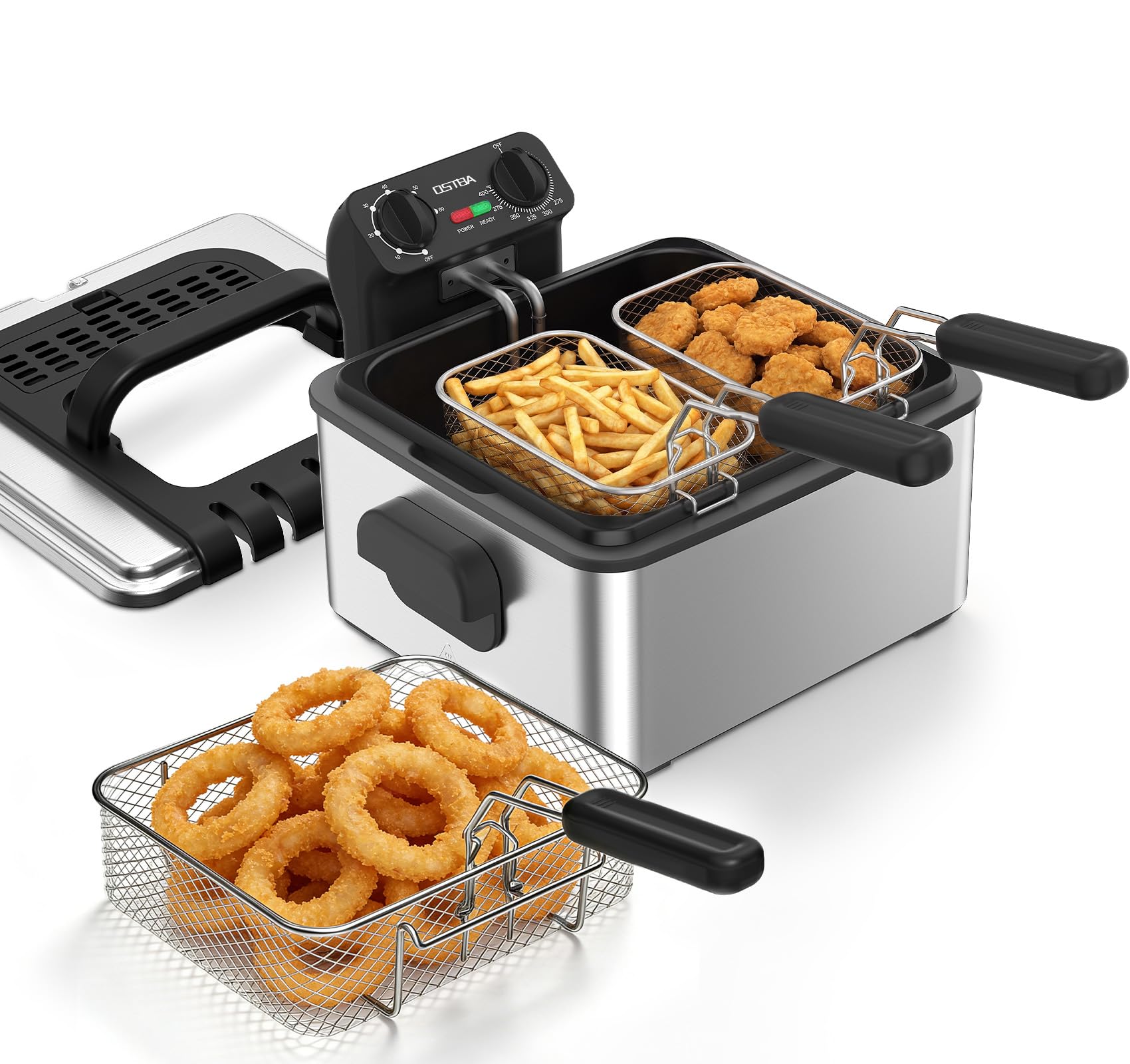 OSTBA Electric Deep Fryer with 3 Baskets, 1700W Stainless Steel Oil Fryer, 4.75QT Countertop Fryer with Adjustable Temperature, Viewing Window, Odor Filter & Removable Oil Container