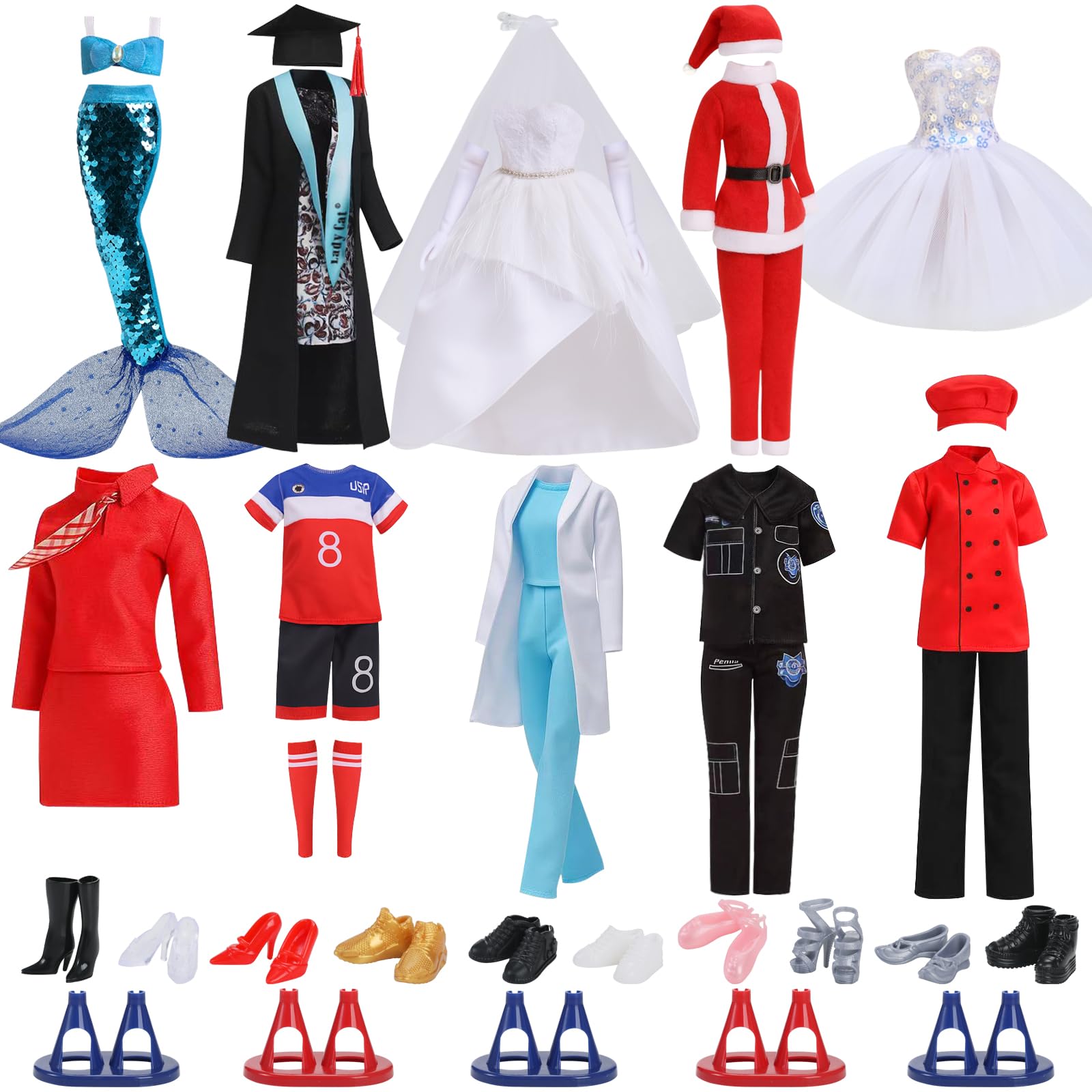 51 Pcs Themed Doll Clothes & Accessories – Educational Role Play Gift Set for Girls with 10 Outfits (Doctor, Bride, Mermaid, Santa, Chef etc.),10 Shoes, 5 Stands – Fits 11.5 Inch Dolls(No Doll)