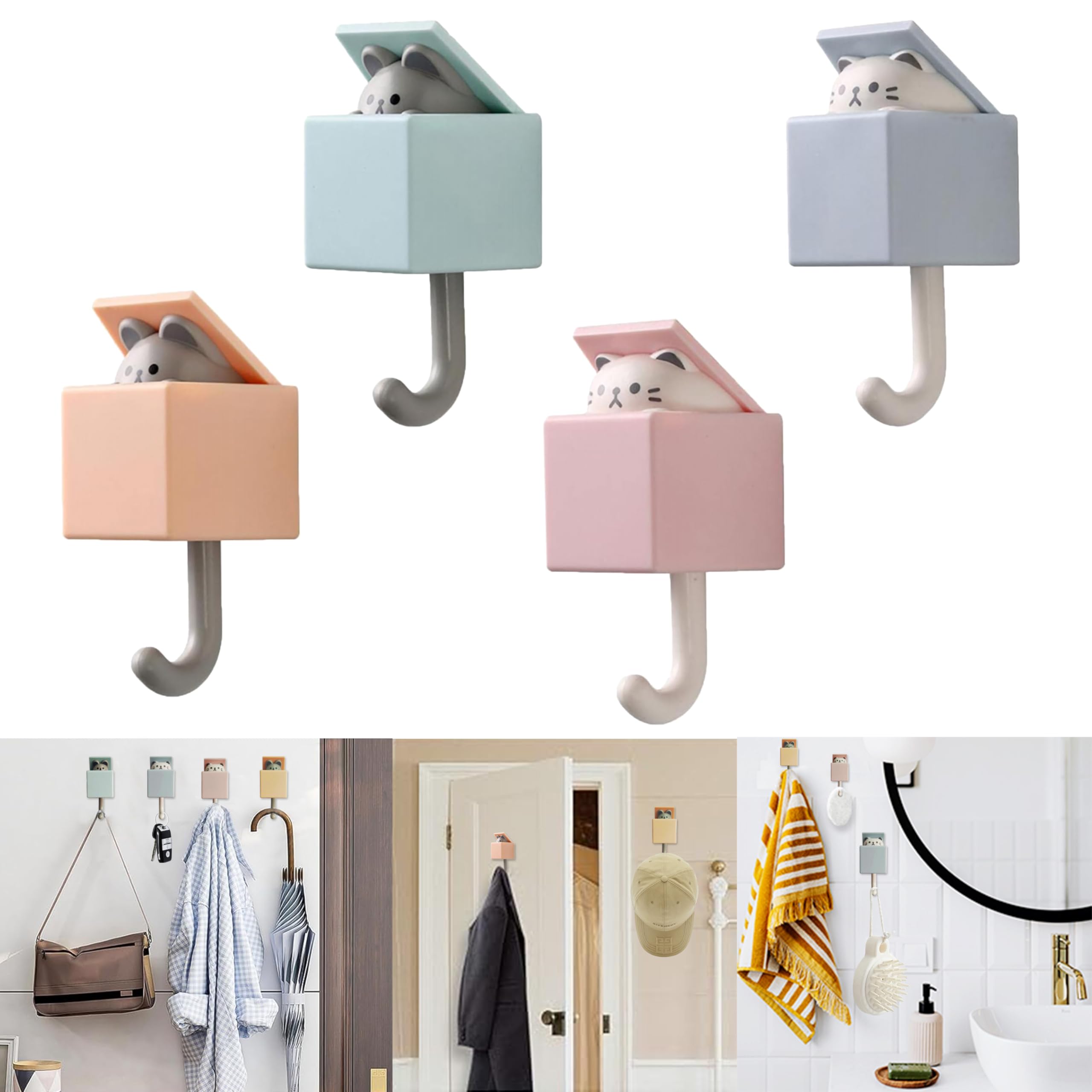4pcs Cute Self Adhesive Towel Hooks For Bathrooms, Wall Hooks Heavy Duty For Hanging Coat, Towel,Scarf, Hat, Robes,Key,Creative Kawaii Room Decorative Cat Hook For Tiles, Glass Door or Mirror