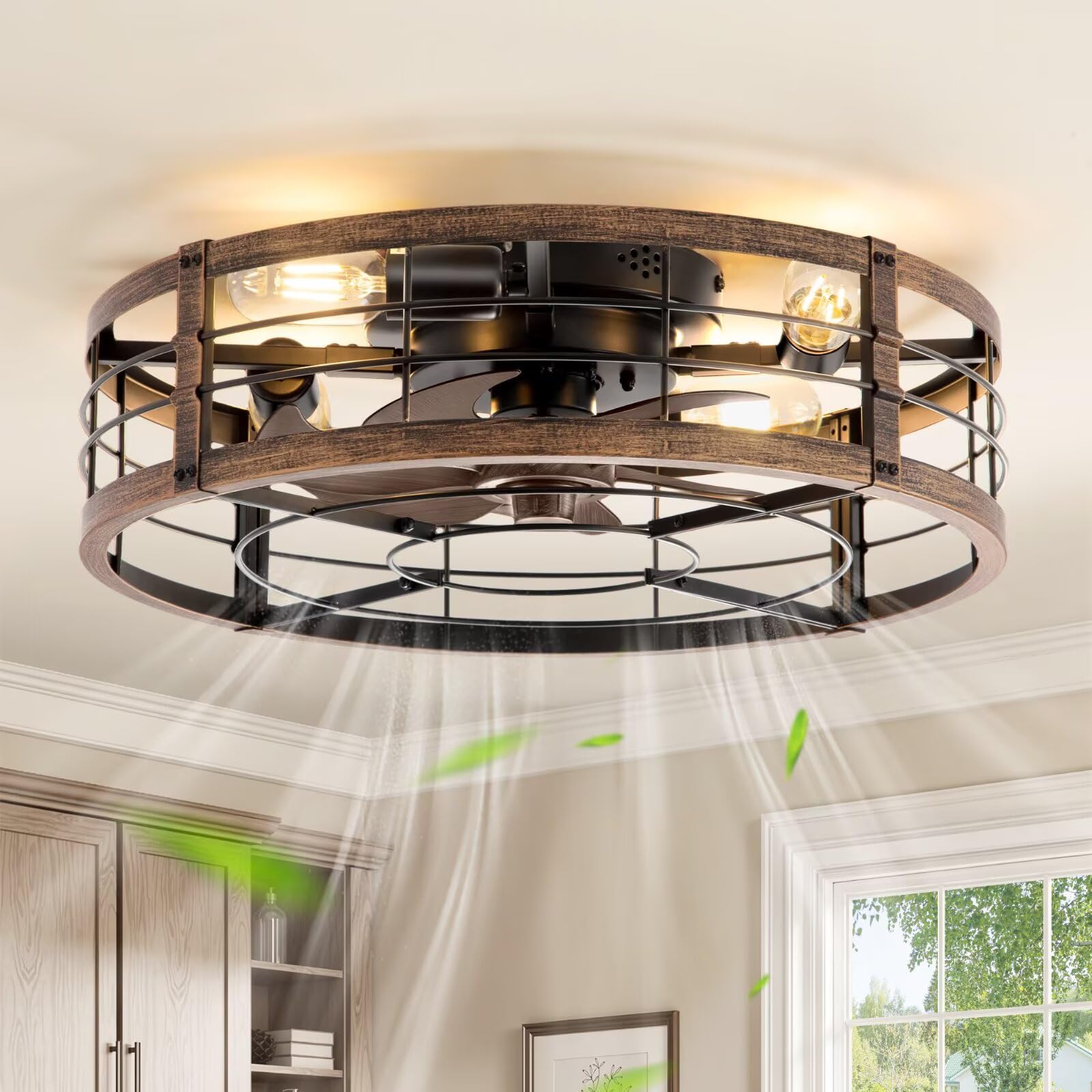 LEDIARY 20" Caged Ceiling Fan with Light and Remote, Low Profile Flush Mount Fandelier, Black Gold Bladeless Enclosed Small Ceiling Fan Light Fixtures, Rustic Farmhouse Style for Bedroom, Outdoor