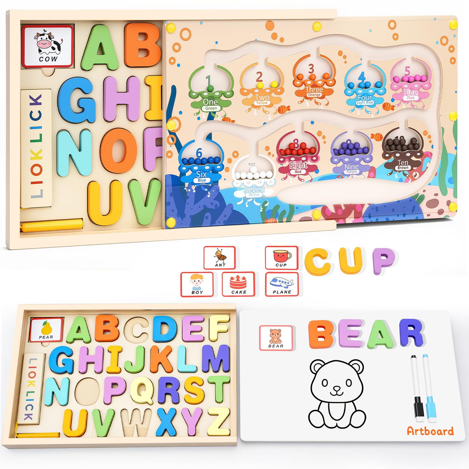 4-in-1 Magnetic Color and Number Maze Toys Box with Alphabet Puzzles Drawing Board, Wooden Storage Montessori Toy for 3-5 Year Old, Toddlers Educational Learning Toy Gifts for Kids Boys Girls