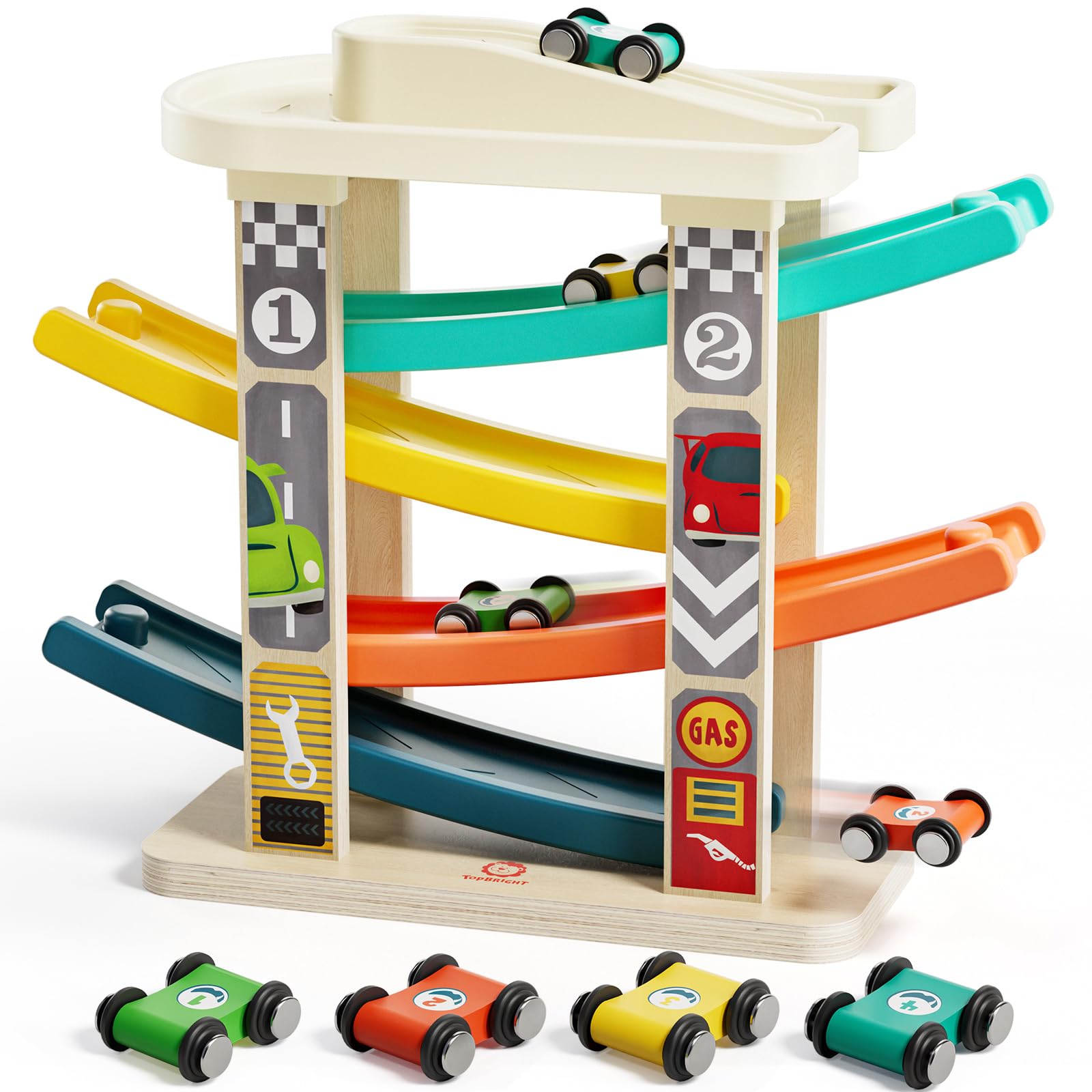 TOP BRIGHT Toddler Toys for 2 Year Old Boy, Wooden Car Ramp Race Track Set, Car Toys for Toddlers 1-3 with Cars and a Garage, Montessori Toys for 12 Year Old Boy Girl,Birthday Gift for Age 18+ Month