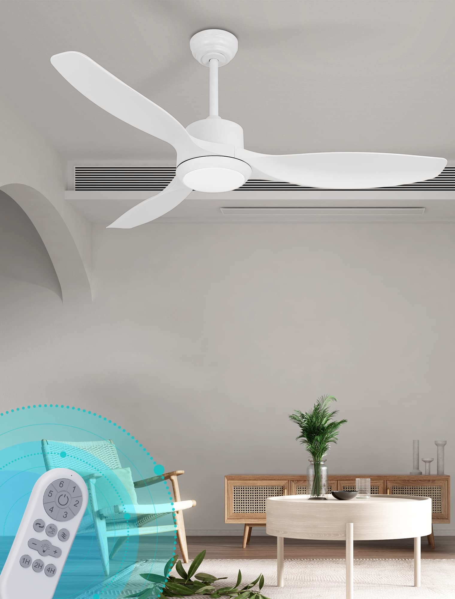 White Ceiling Fan with Light, 52" Outdoor Ceiling Fans with Lights and Remote, 3 Color Light, 6 Speed, DC Motor, for Bedroom/Outdoor/Patios, White