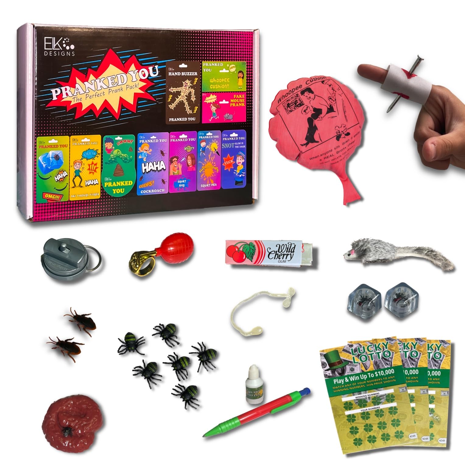 ELK DESIGNS Prank Kit - Funny Pranks for Kids - April Fools Gags & Practical Jokes - Hand Buzzer, Fake Cockroach & More
