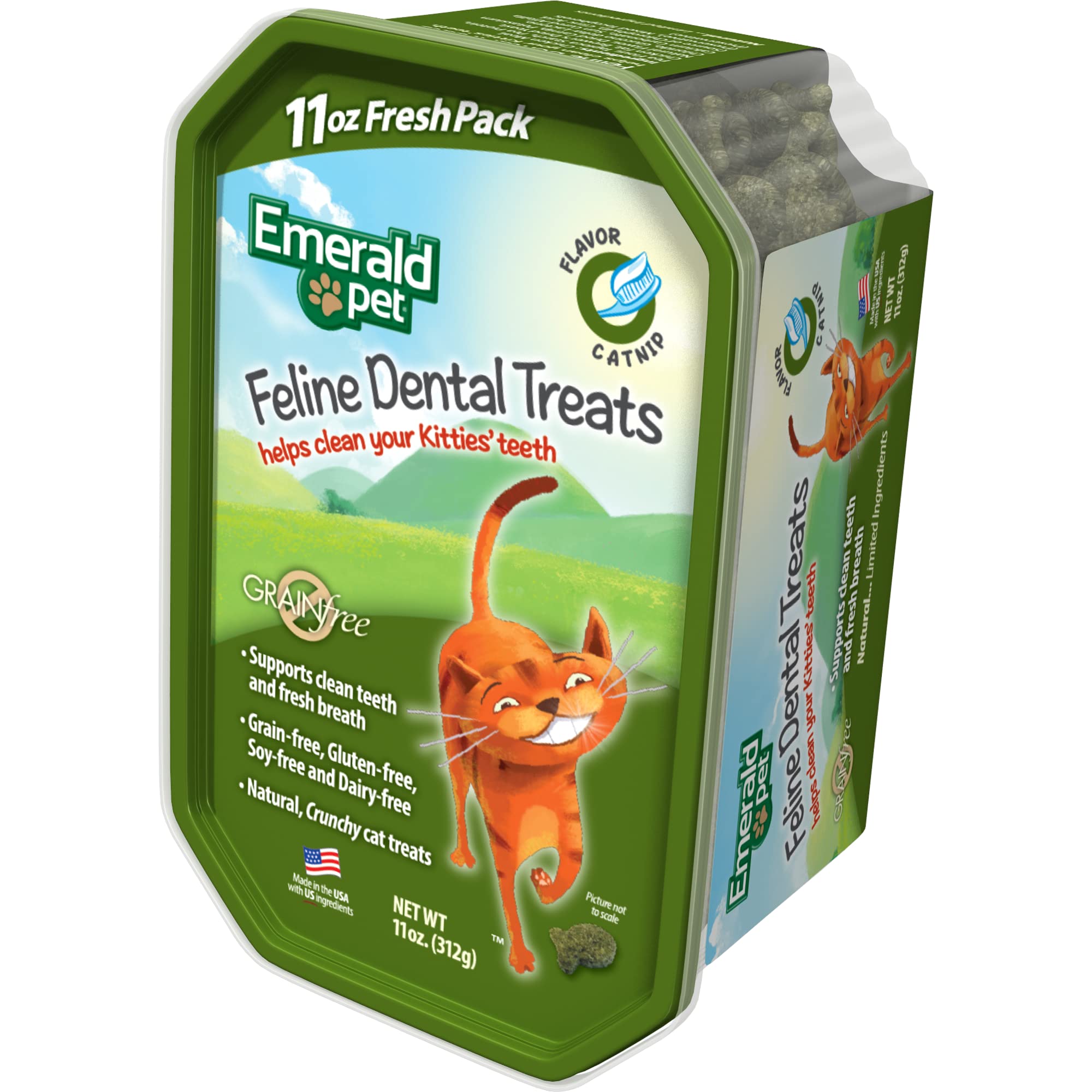 Emerald Pet Grain-Free Cat Dental Treats with Catnip – Crunchy Natural Dental Treats for Cats to Clean Teeth, Freshen Breath, and Reduce Plaque & Tartar – 11 oz Tub