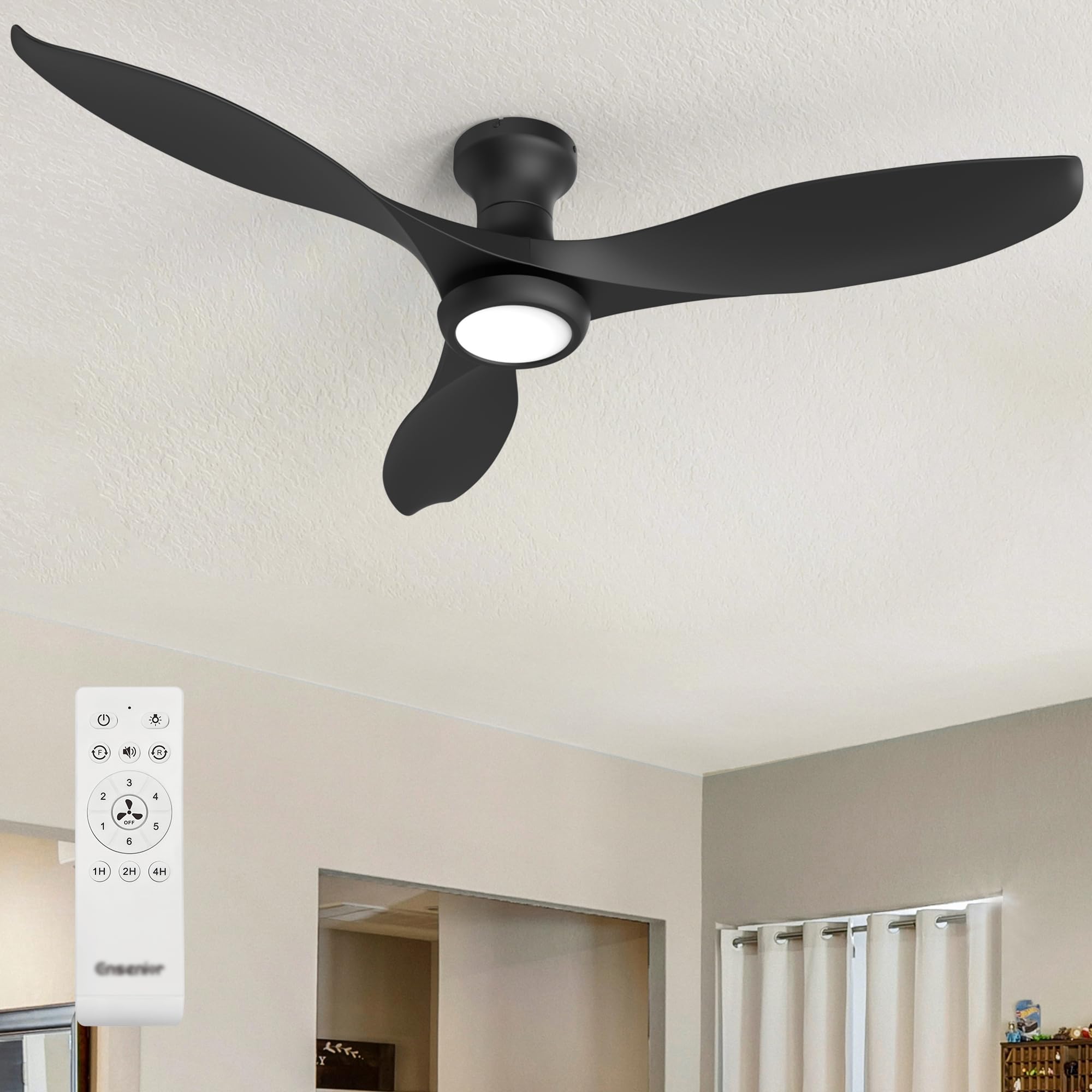 Ensenior 52 Inch Flush Mount Ceiling Fan with Light and Remote, Black Low Profile Ceiling Fans with Lights for Bedroom Living Room, 3 ABS Blades, Modern Quiet Reversible DC Motor, 3CCT, 6 Speeds