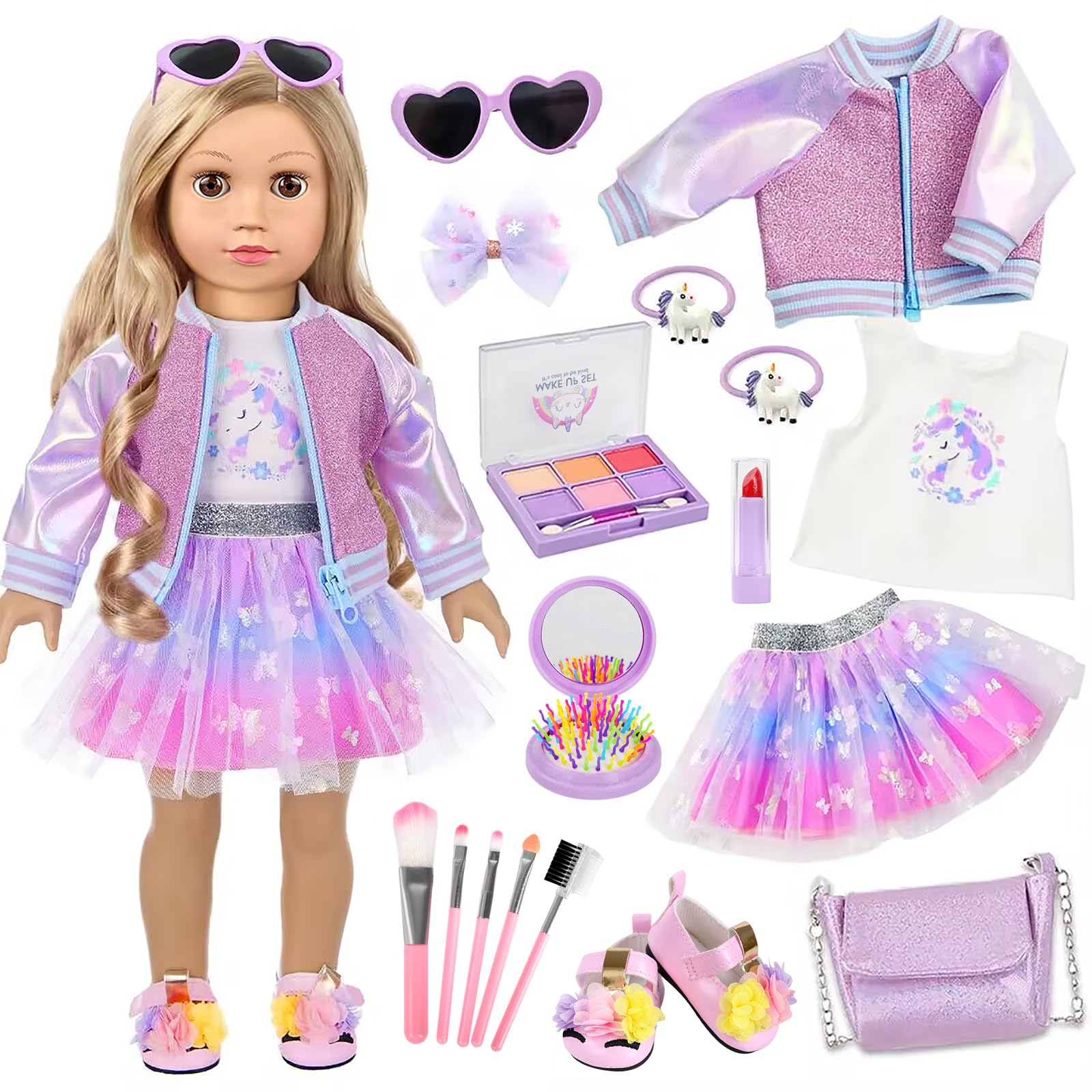 American 18 Inch Doll Makeup Accessories and Clothes Set Includes 18 Inch Doll Clothes and Shoes Bag Makeup Brush Set Foldable Haircomb Eyeshadow Lipstick Bow Hair Clip Sunglasses Hair Rope?No Dolls?