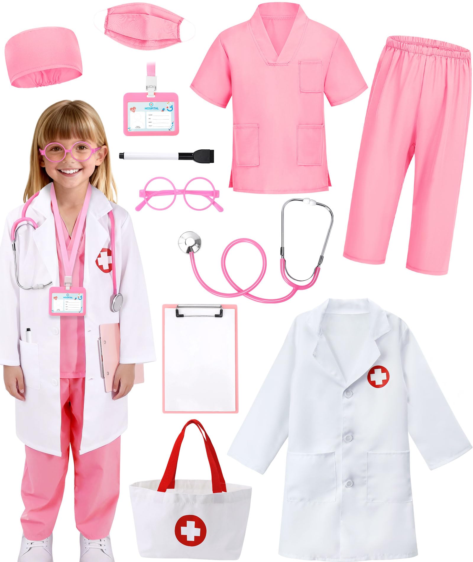 12 PCS Doctor Costume for Kids,Scrubs with Lab Coat/Nurse Costume Kids Set,Girls Boys Doctor Career Day Costumes