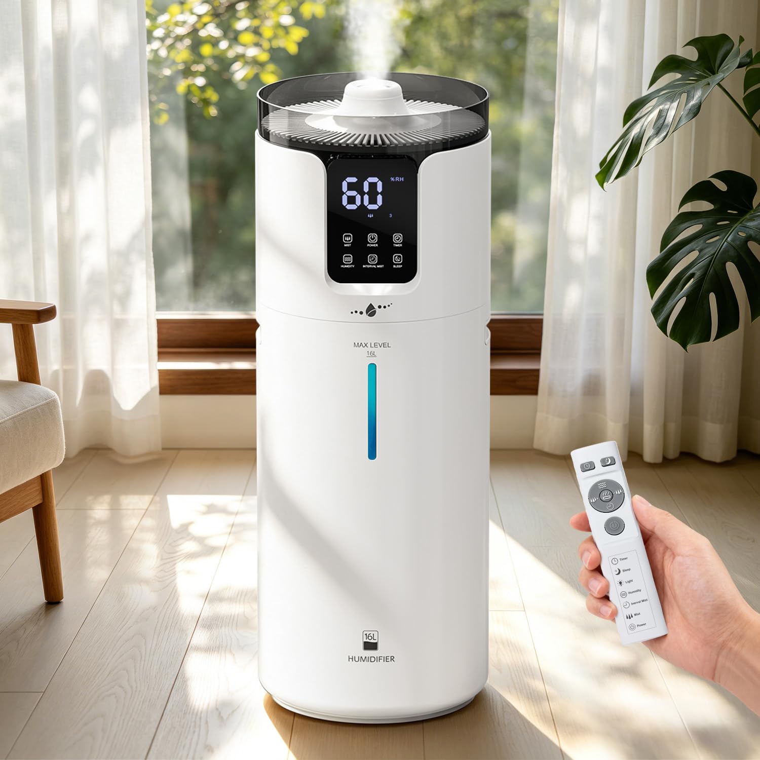 Humidifier large room 16L/4.2Gal - Lacidoll Whole house Humidifier for Home1500 sq.ft. Ultrasonic Cool Mist Humidifiers for Bedroom with Extension Tube & Aroma Box & Night light, White