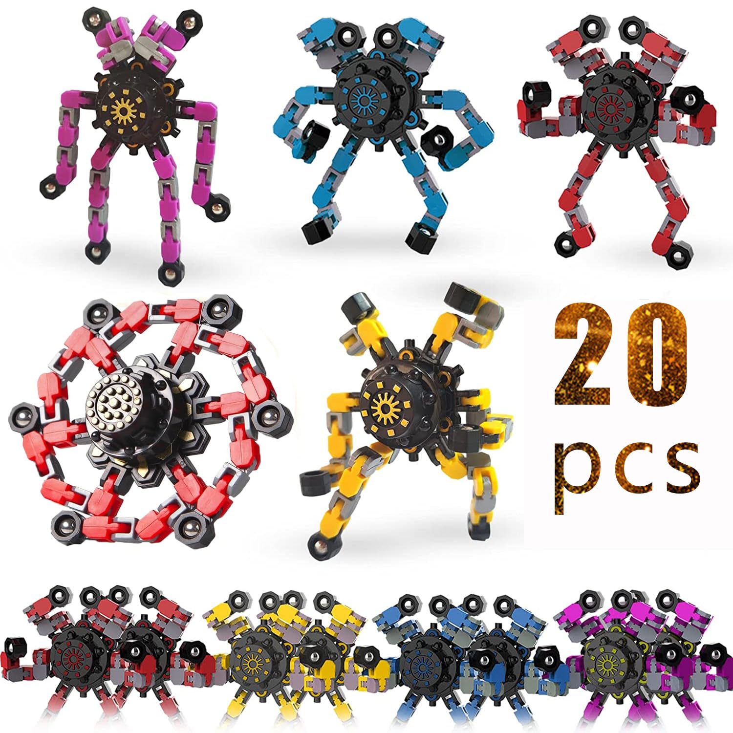 20pcs Random Fidget Spinners,DIY Deformable Robot Fingertip Toys,Decompression Spinner,Deformable Creative Mechanical Gyro Toys,Stress Relief Mechanical Chain Toy for Kids Adults?Party Supplies
