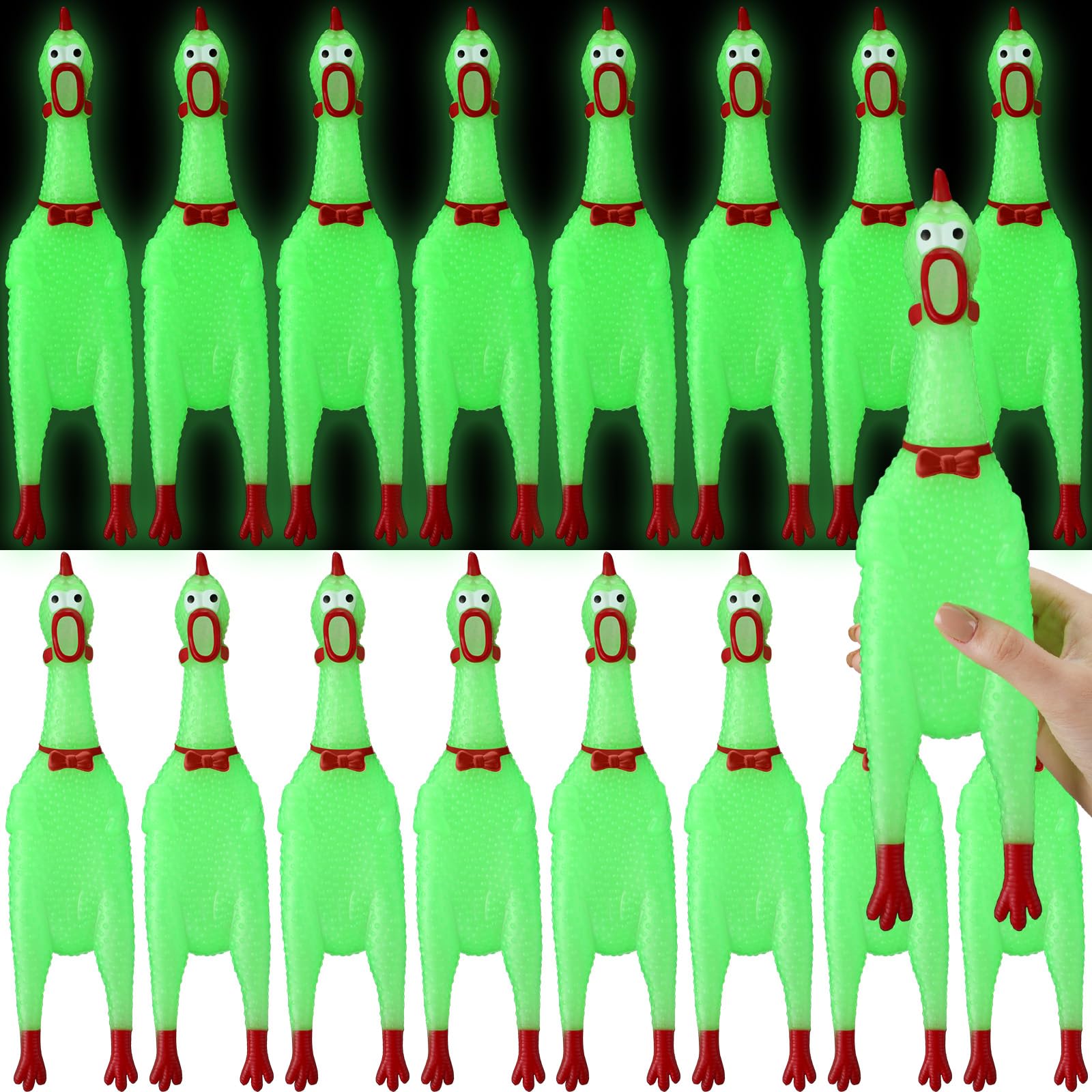 Honoson 16 Pcs 12 Inch Large Glow in the Dark Rubber Chicken Bulk Luminous Screaming Rubber Chickens Squeaky Toy Fluorescent Novelty Prank Gag Gift Noise Makers Party Favors for Adults Games