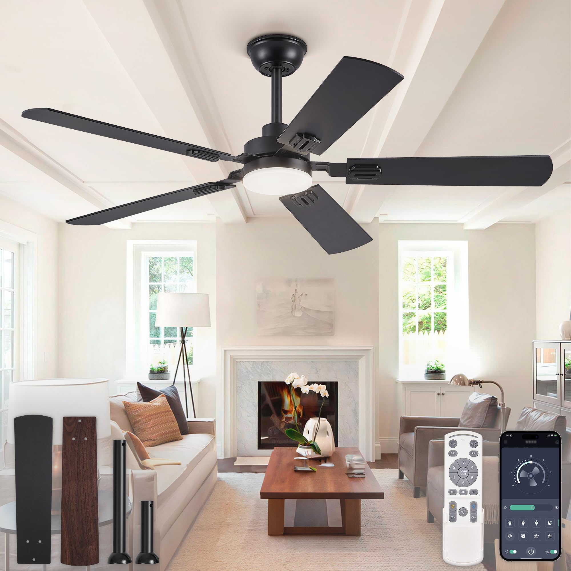 ZMISHIBO 52" Ceiling Fans with Lights, Black Modern Ceiling Fan with Remote & App Control, Farmhouse Indoor Ceiling Fan with Dual Finish Blades, Quiet & Strong Motor, 24W Dimmable Bright LED Light