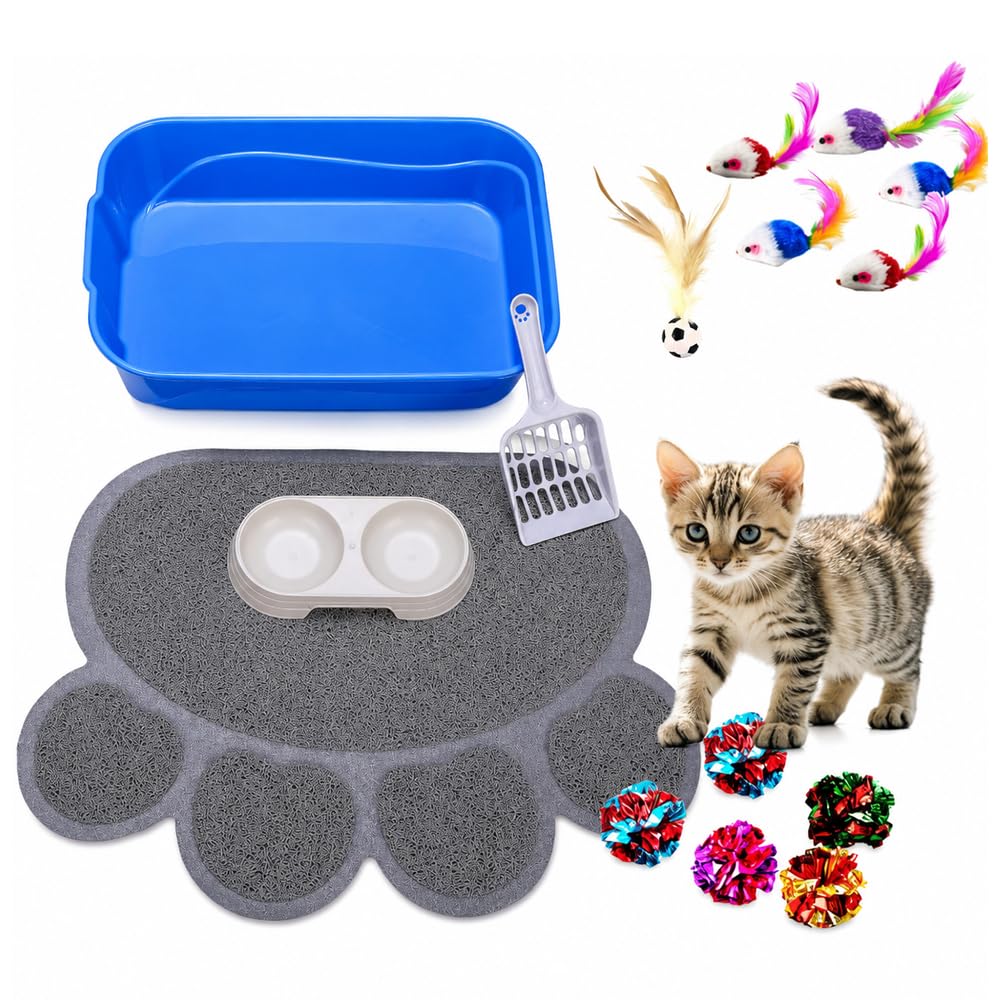 Kitten Litter Box Starter Kit with Mat, All-in-One Starter Kit for Kittens & Small Cats, Anti-Tracking Litter Mat, Easy Clean, Includes Scoop & Toys, Compact Size (GreyScoop)
